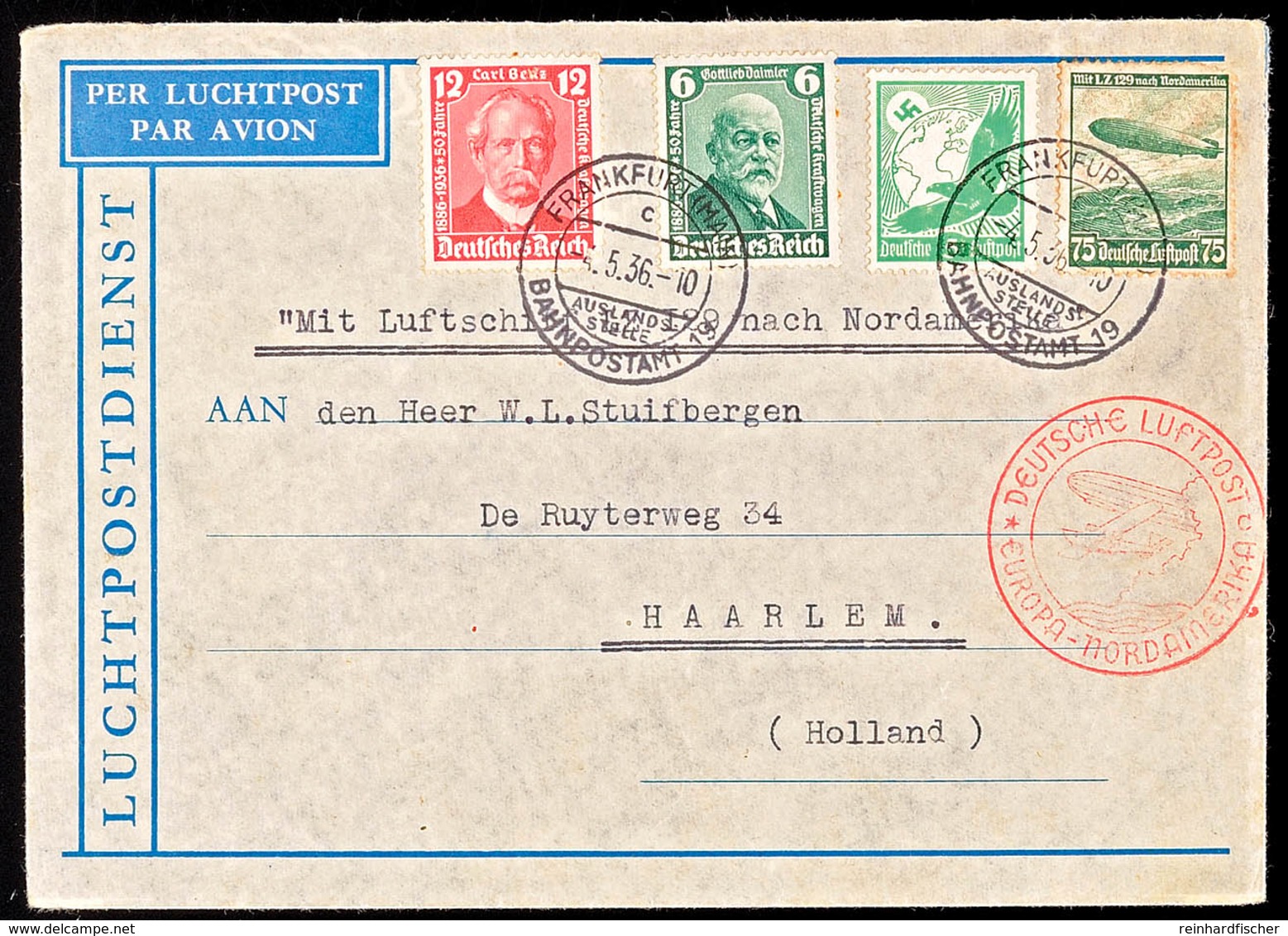 4747 1936, 1. Nordamerikafahrt LZ 129, Auflieferung Frankfurt/M., Hübsch Frankierter Brief über USA Nach HOLLAND, Katalo - Altri & Non Classificati