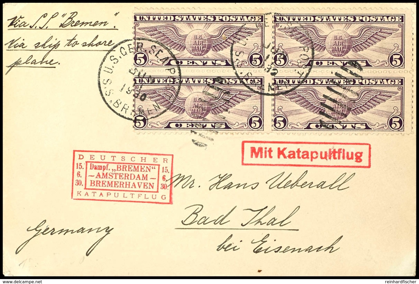 4778 1930, D. Bremen 15.6., Umschlag Mit US-Seepostaufgabe Vom 11.6. Und Sonder-Cachet Nach Deutschland, Pracht, Katalog - Sonstige & Ohne Zuordnung