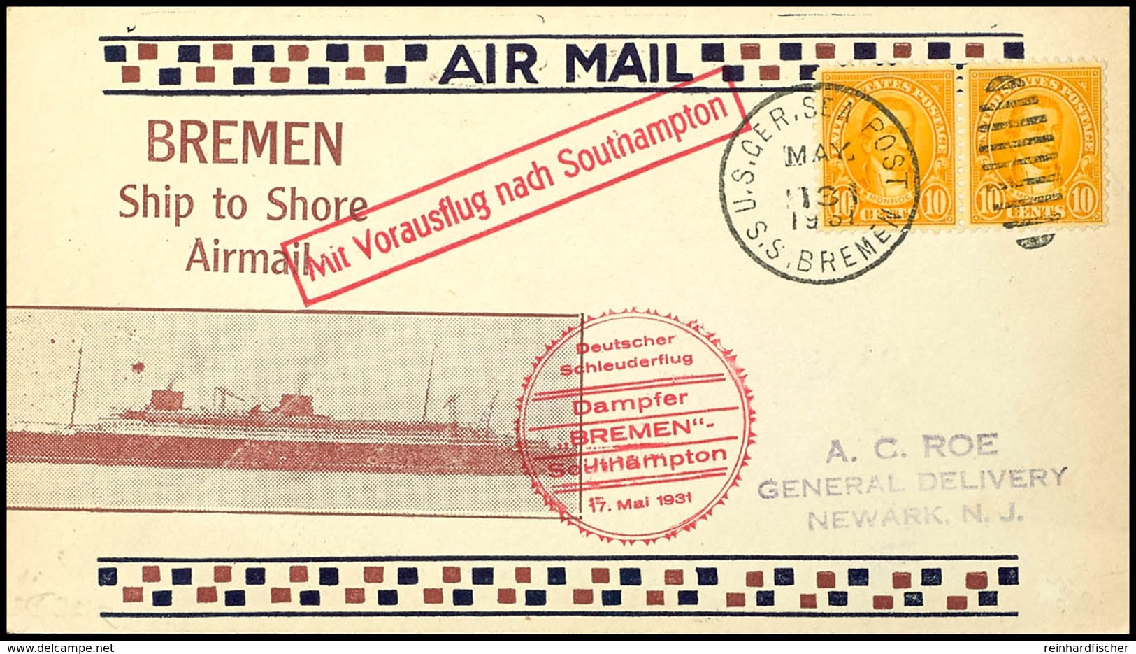 4794 1931, D. Bremen 17.5, Umschlag Mit  US- Seepostaufgabe Vom 13.5. Und Sonder-Cachet In Die USA, Pracht, Katalog: K60 - Other & Unclassified