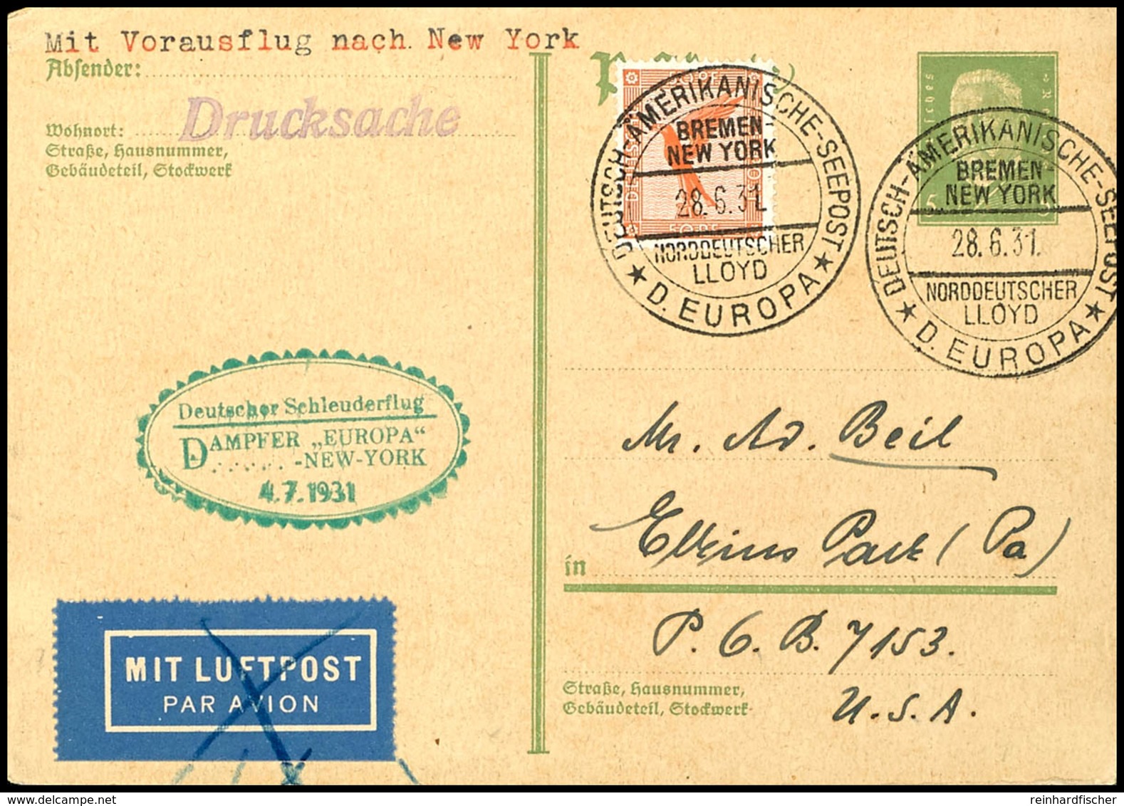 4796 1931, D. Europa 4.7,  Ganzsache Mit Zufrankatur Und Dt. Seepostaufgabe Vom 28.6. Und Sonder-Cachet In Die USA, Prac - Other & Unclassified