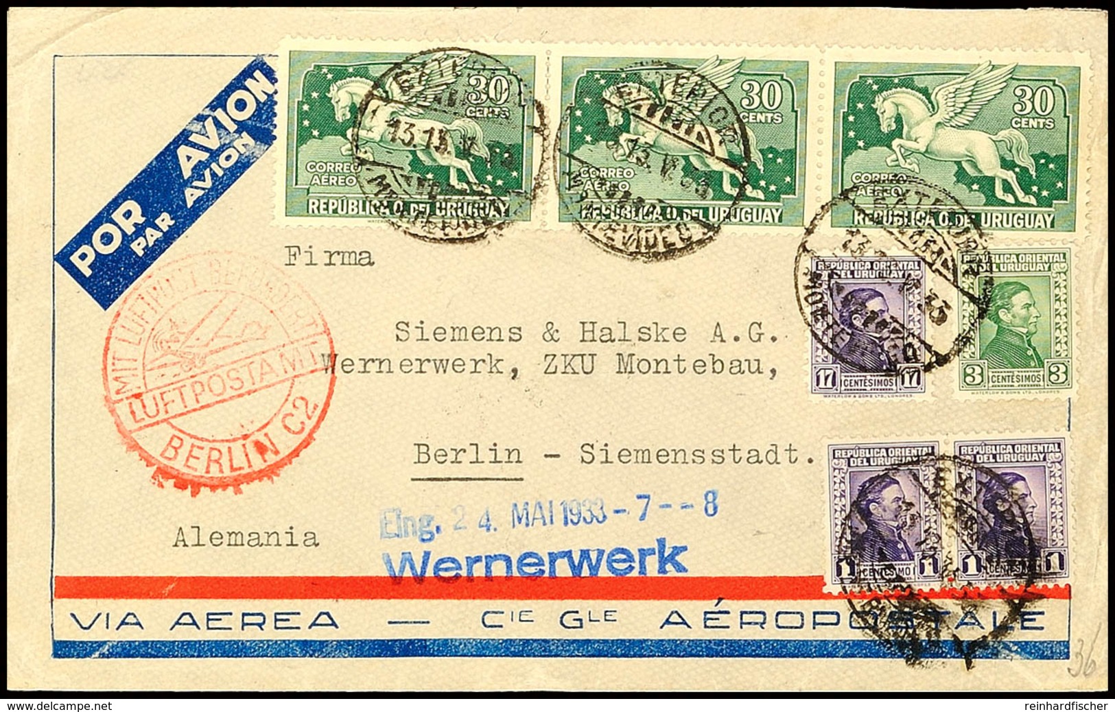 4852 URUGUAY 1933, Luftpostbrief Mit MiNr. 353, 430 (3), 455 U. 461 über Paris Und Berlin Nach Leipzig  BF - Altri & Non Classificati