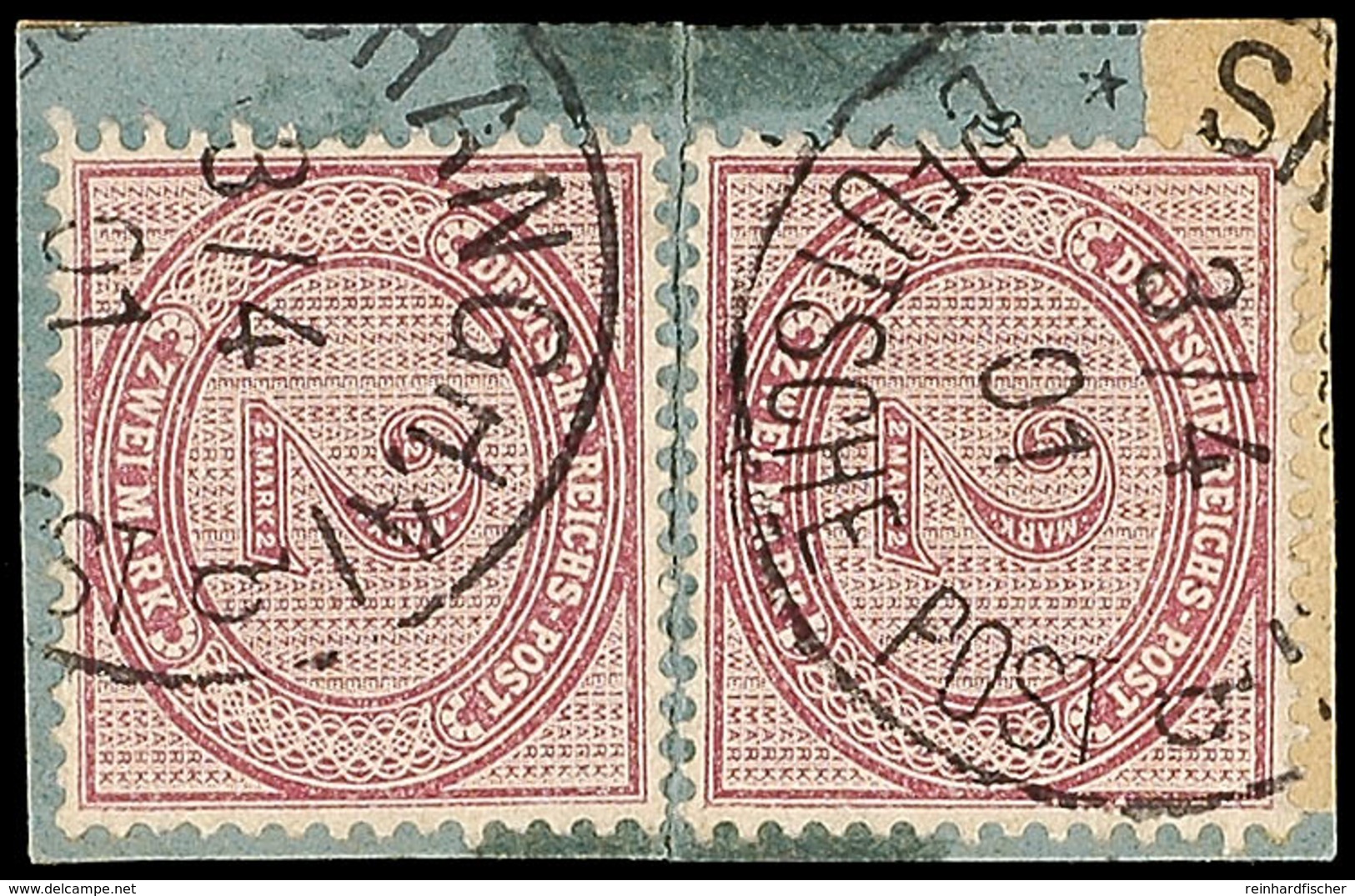 4966 2 Mark Rötlichkarmin, 2x Auf Paketkarten-Briefstück (war Einmal Getrennt, Rückseitig Hinterlegt) Mit Klarem K1 "SHA - Cina (uffici)