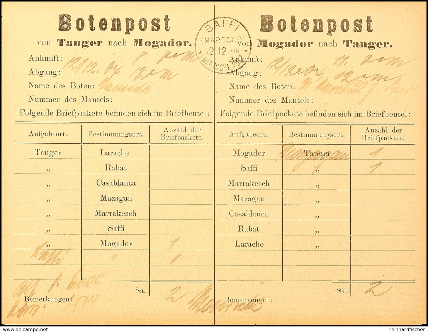 5177 SAFFI (Marocco) / 12.12.04 / Deutsche Post, Stempel Auf Botenpost-Zettel Tanger-Mogador Und Retour, Mit Angabe Der  - Morocco (offices)