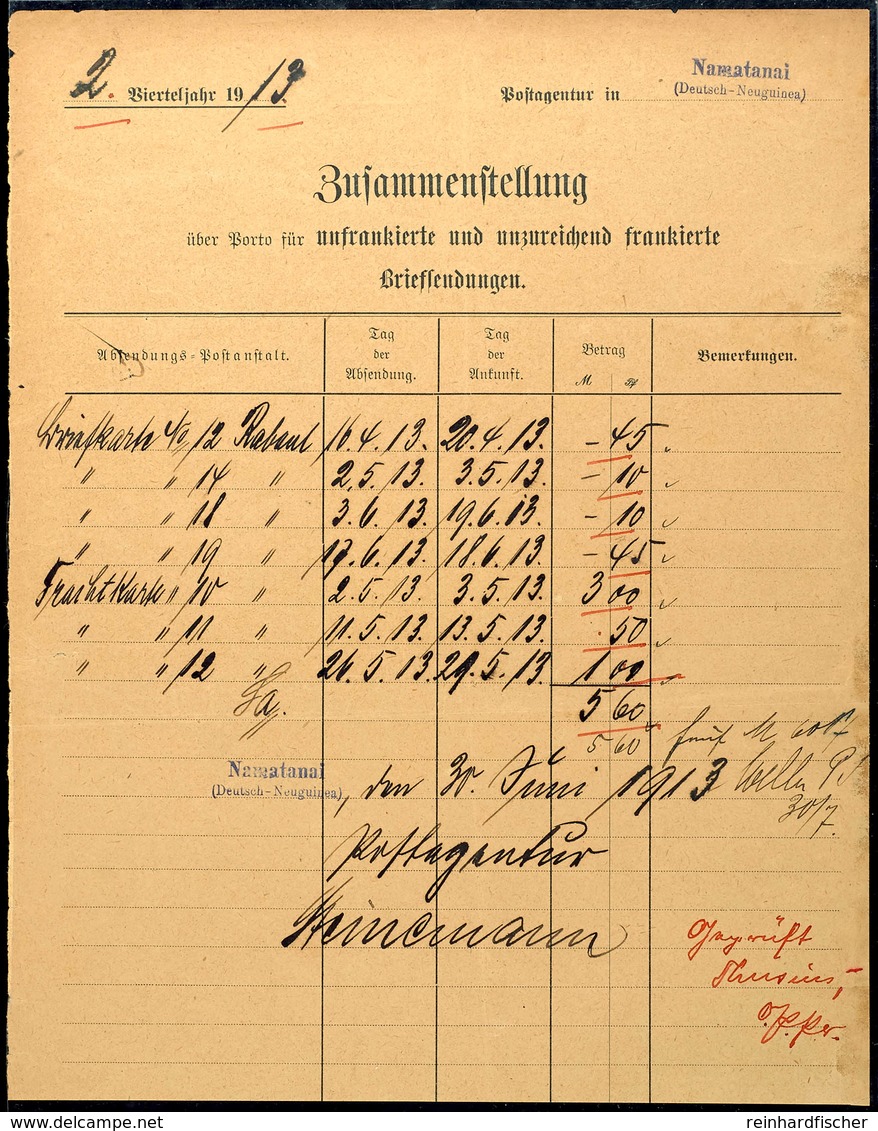 5366 1913, Zusammenstellung Der Postagentur Steinemann In Namatanai (Deutsch-Neuguinea), über Porto Für Unfrankierte Und - Deutsch-Neuguinea