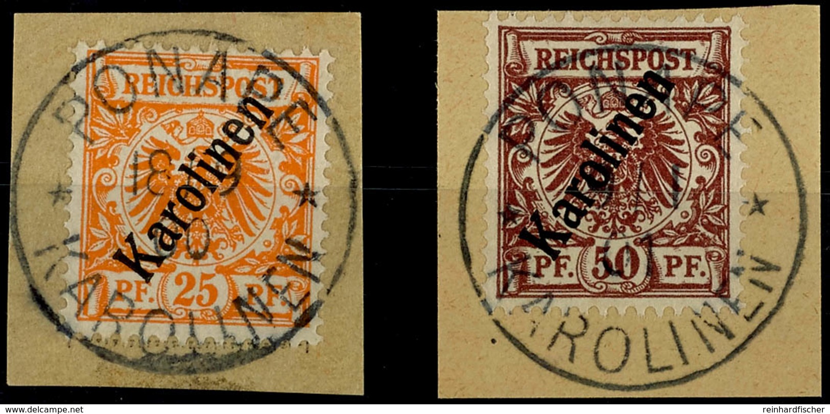 5820 25 Und 50 Pf Steilaufdruck Je Tadellos Auf Briefstück Mit Zentrischem Stempel PONAPE, Tiefst Gepr. Grobe Bzw. Jäsch - Isole Caroline