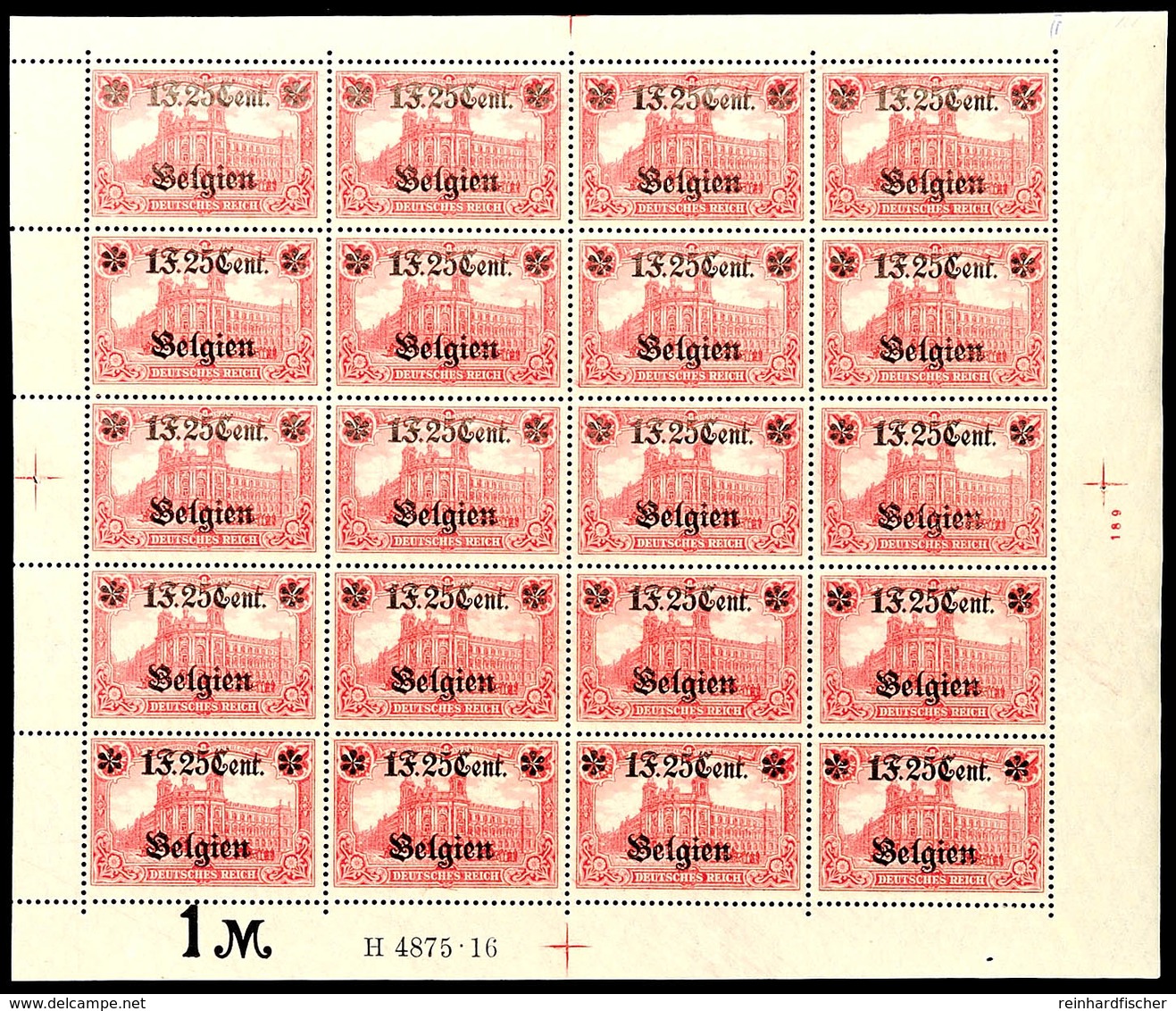 6079 1 F.25 Cent Auf 1 Mark, Wertangabe In Der Sternlinie, Kompletter Postfrischer Bogen Mit HAN "H 4875.16" Und Formnum - Altri & Non Classificati