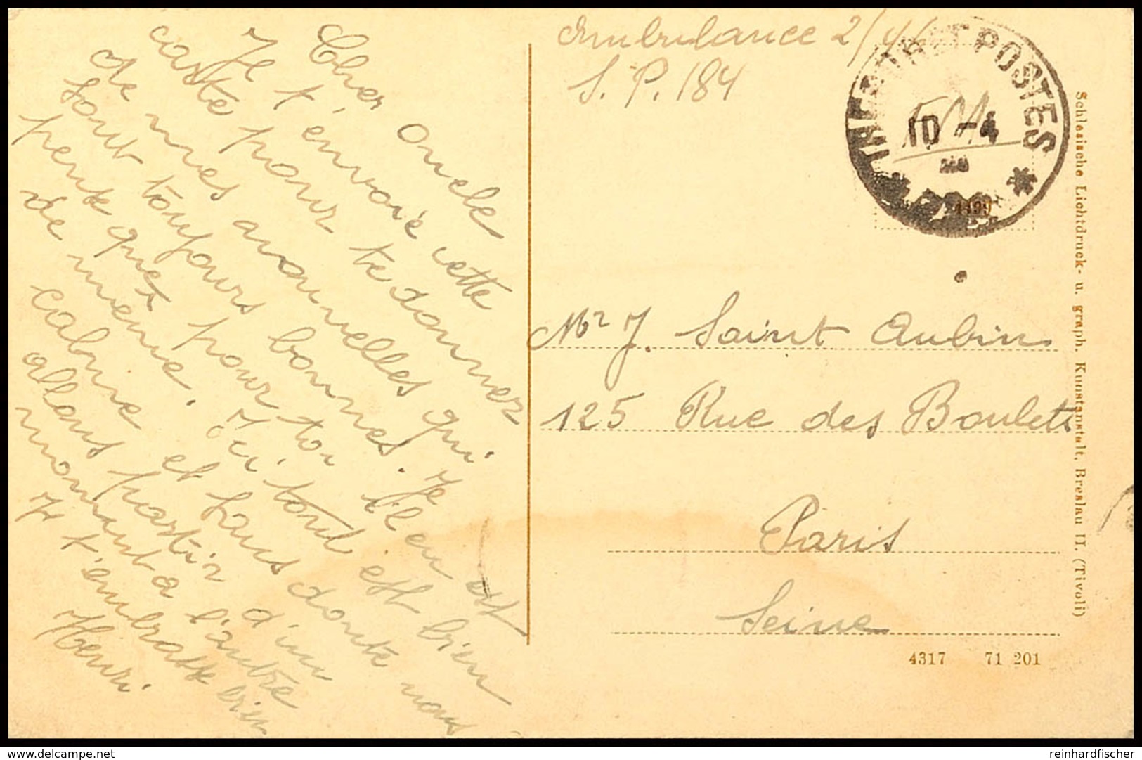 6221 1920, "TRESOR ET POSTES 184 10.4.20", Recht Klar Auf Feldpost-AK "Oppeln" Mit Viel Text Und Absenderangabe "...S.P. - Other & Unclassified