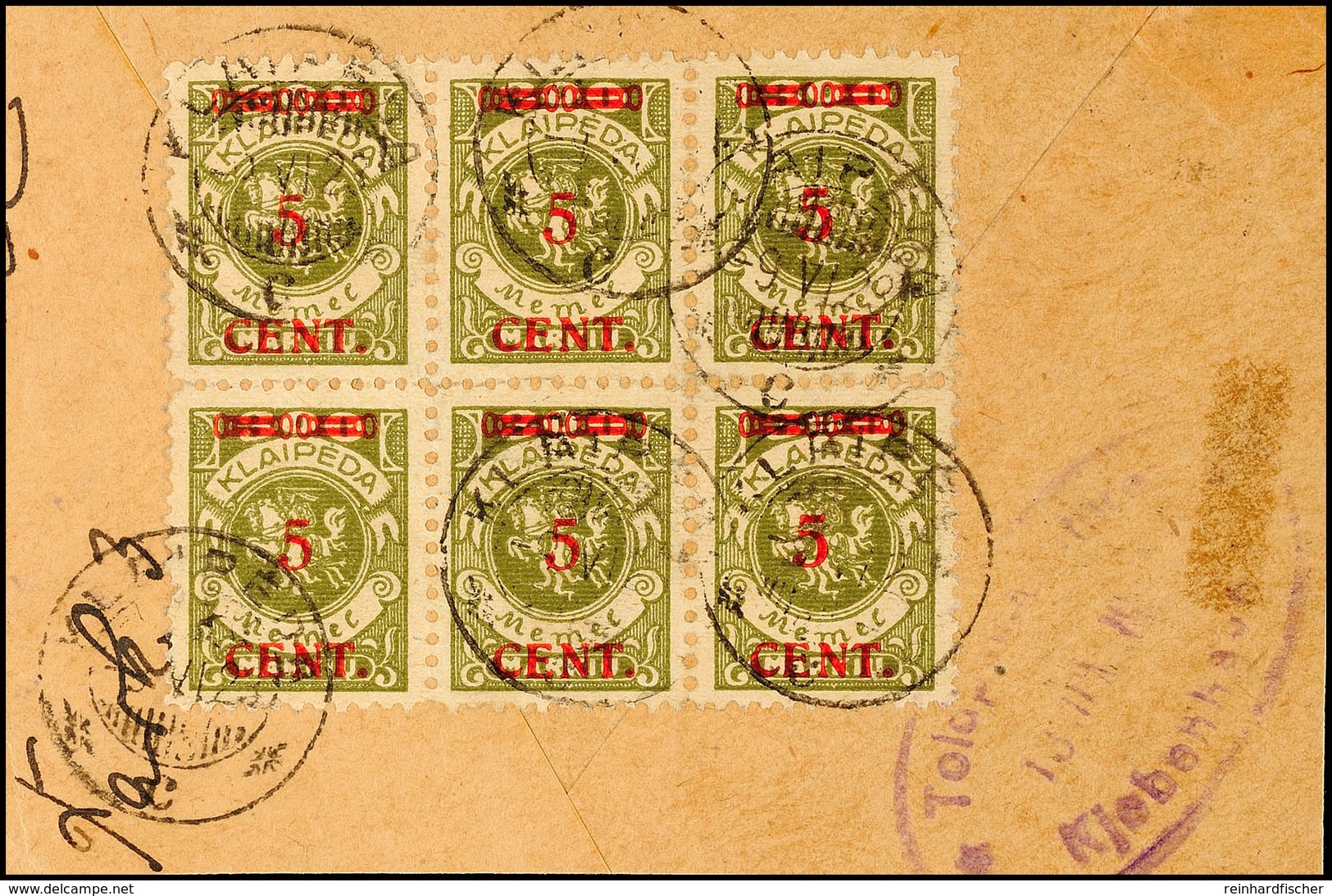 6538 5 C. Auf 300 M., Waagerechter 6er-Block, Dabei Die Zwei Rechten Marken Type I, Sonst Type II, Gestempelt Auf Briefs - Memel (Klaipeda) 1923