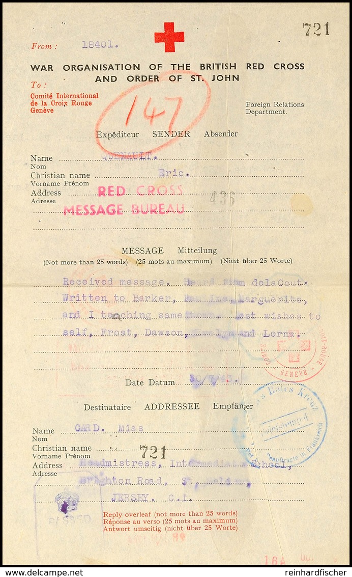 7258 1944, Britisches Rotes Kreuz- Suchformular Mit Verschiedenen Zensur-Kontrollstempeln, Etwas Wasserfleckig Und Gefal - Jersey