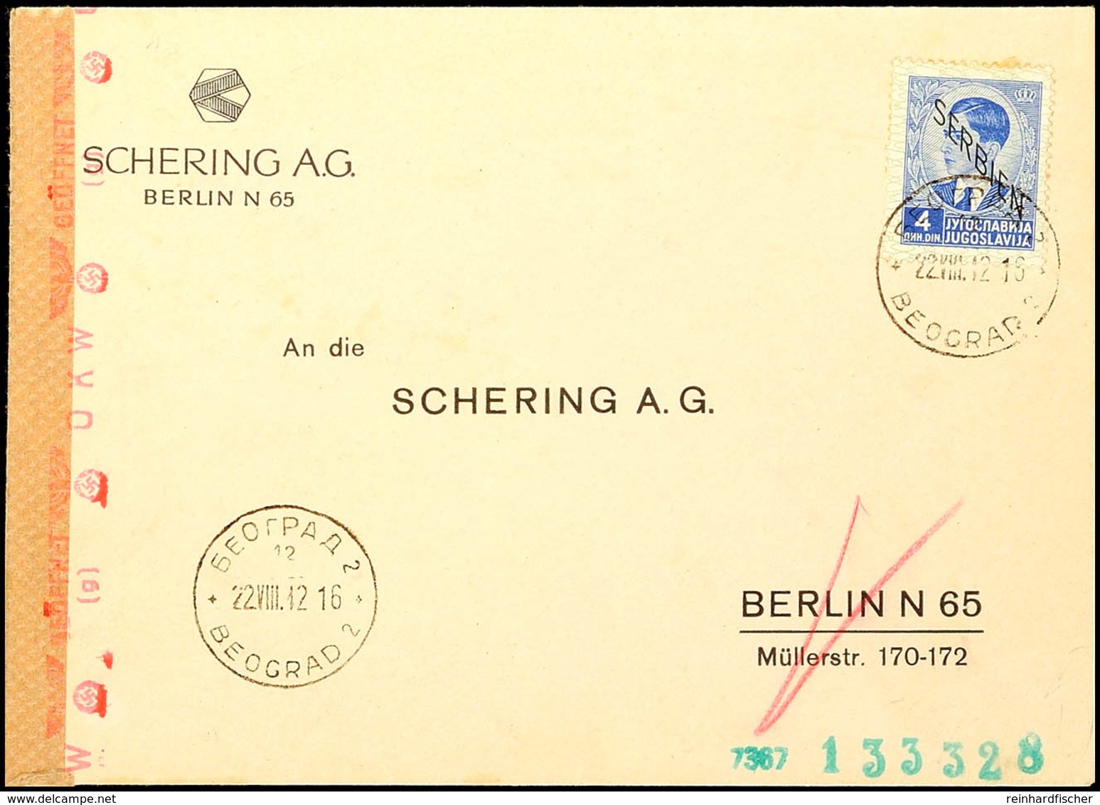 7613 Einzelfrankatur über 4 Din. Auf Portogerechtem Auslandsbrief An Schering AG In Berlin Mit Aufgabe-Stpl. BEOGRAD 2/1 - WW2