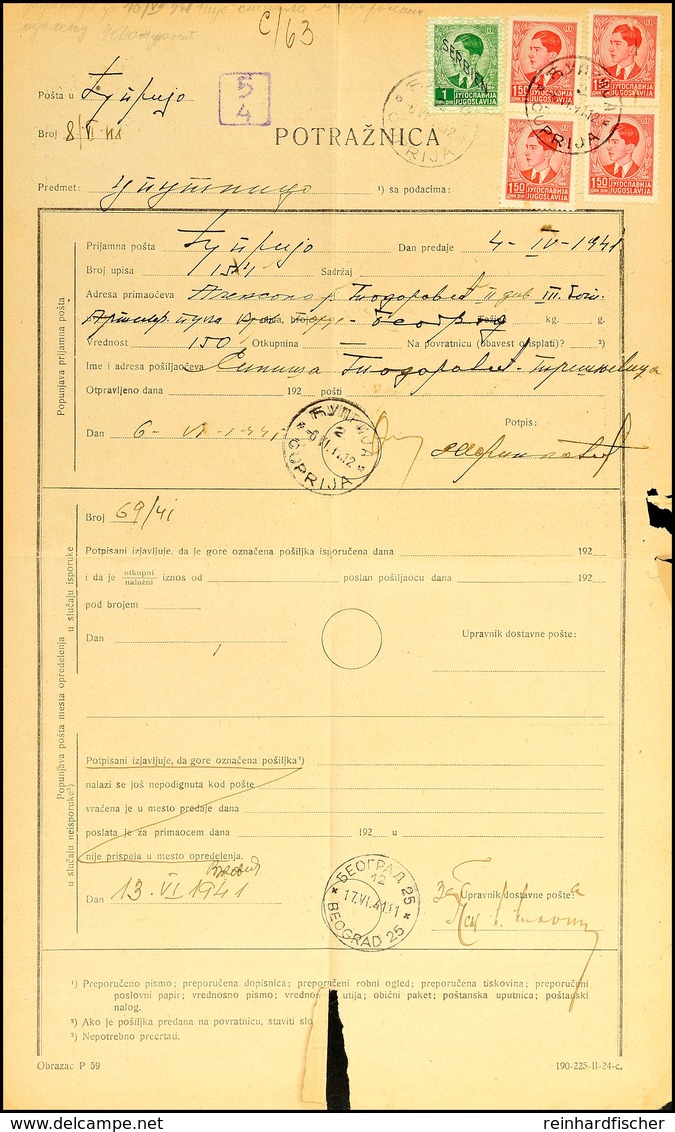 7719 Mischfrankatur Aus 1 Din. Und 1,50 Din.(4) Vom Königreich Jugoslawien Als Nachläuferfrankatur Auf Gebührengerechter - 2° Guerra Mondiale