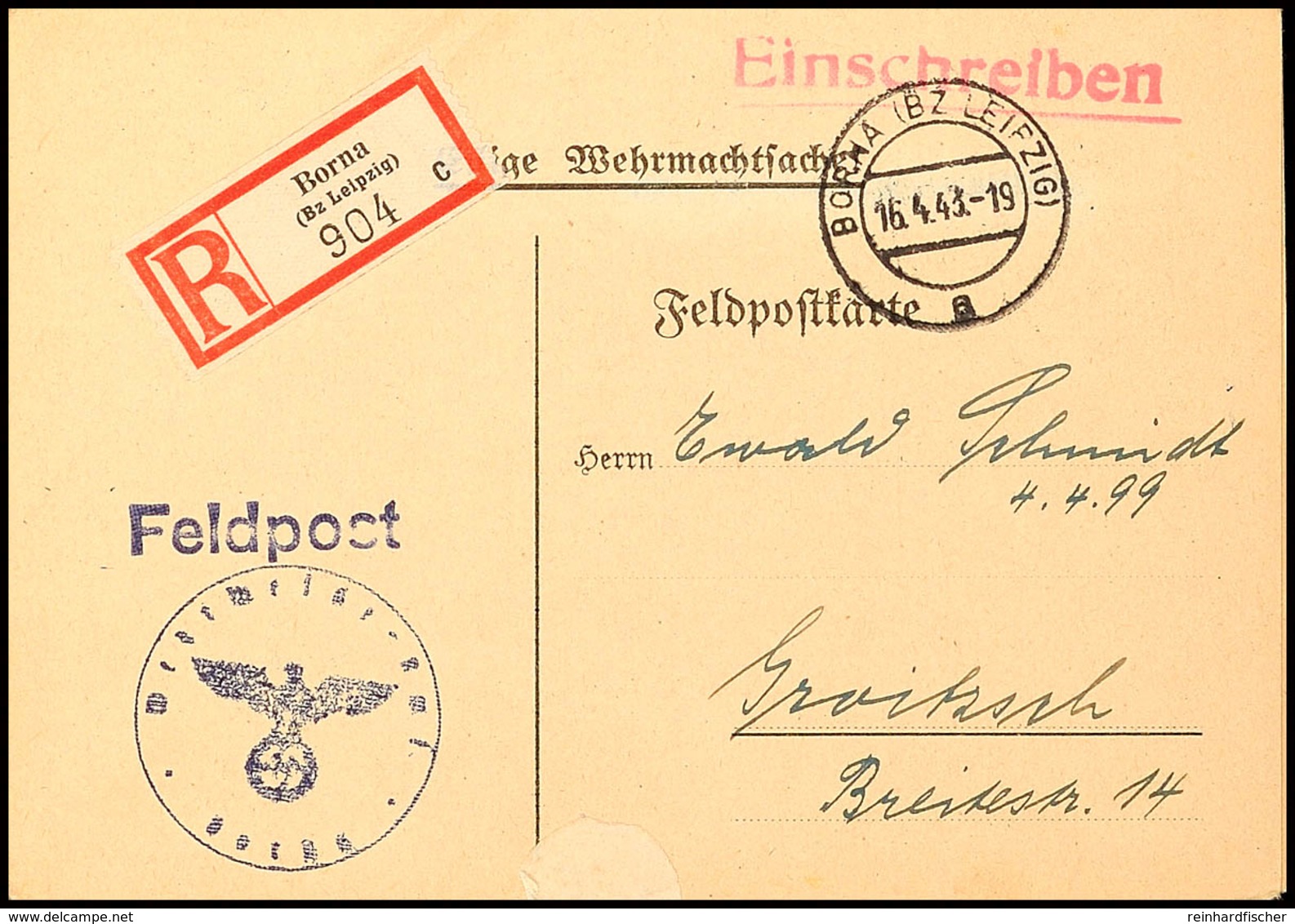 7982 1943, Klappkarte Des Wehrmeldeamt Borna Als Einschreibe-Karte Vom 16.4. Mit Rotem Einlagezettel "Wehrpaß-Notoiz" (M - Altri & Non Classificati