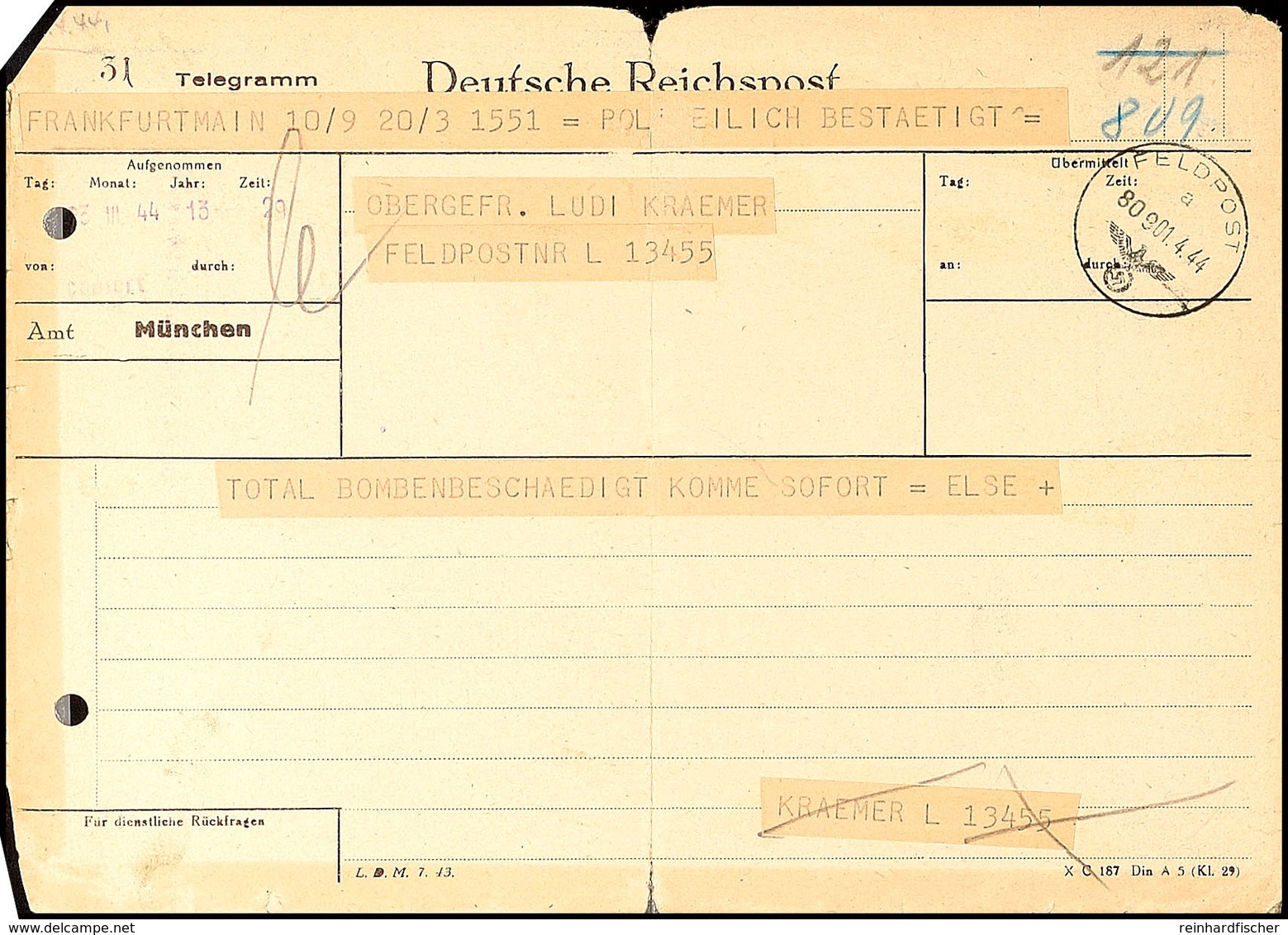 7997 1944, Telegramm Aus Frankfurt Mit Pol. Bestätigung An Eine Feldpostnummer L 13455 Mit Feldpost-Normstempel A 809 1. - Other & Unclassified