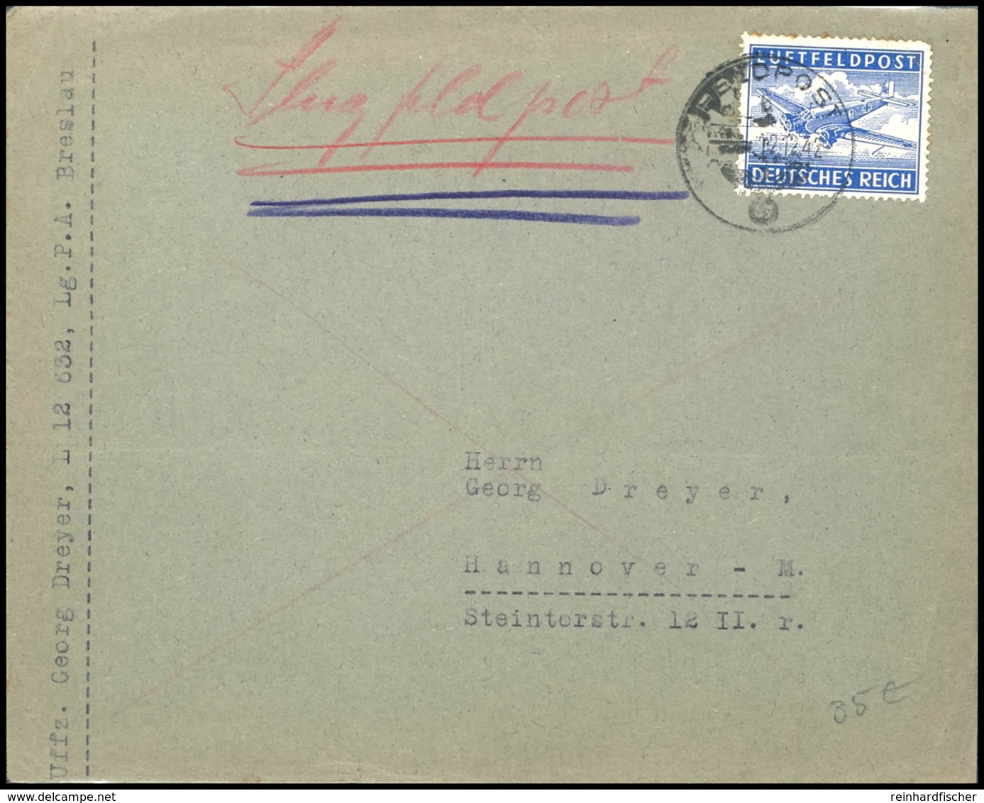 8050 1942, Luftfeldpostbrief Nach Hannover Vom 12.12.42, Absender Georg Dreyer, Feldpostnummer L 12 632 (Lw.-Bau-Btl. 7/ - Altri & Non Classificati