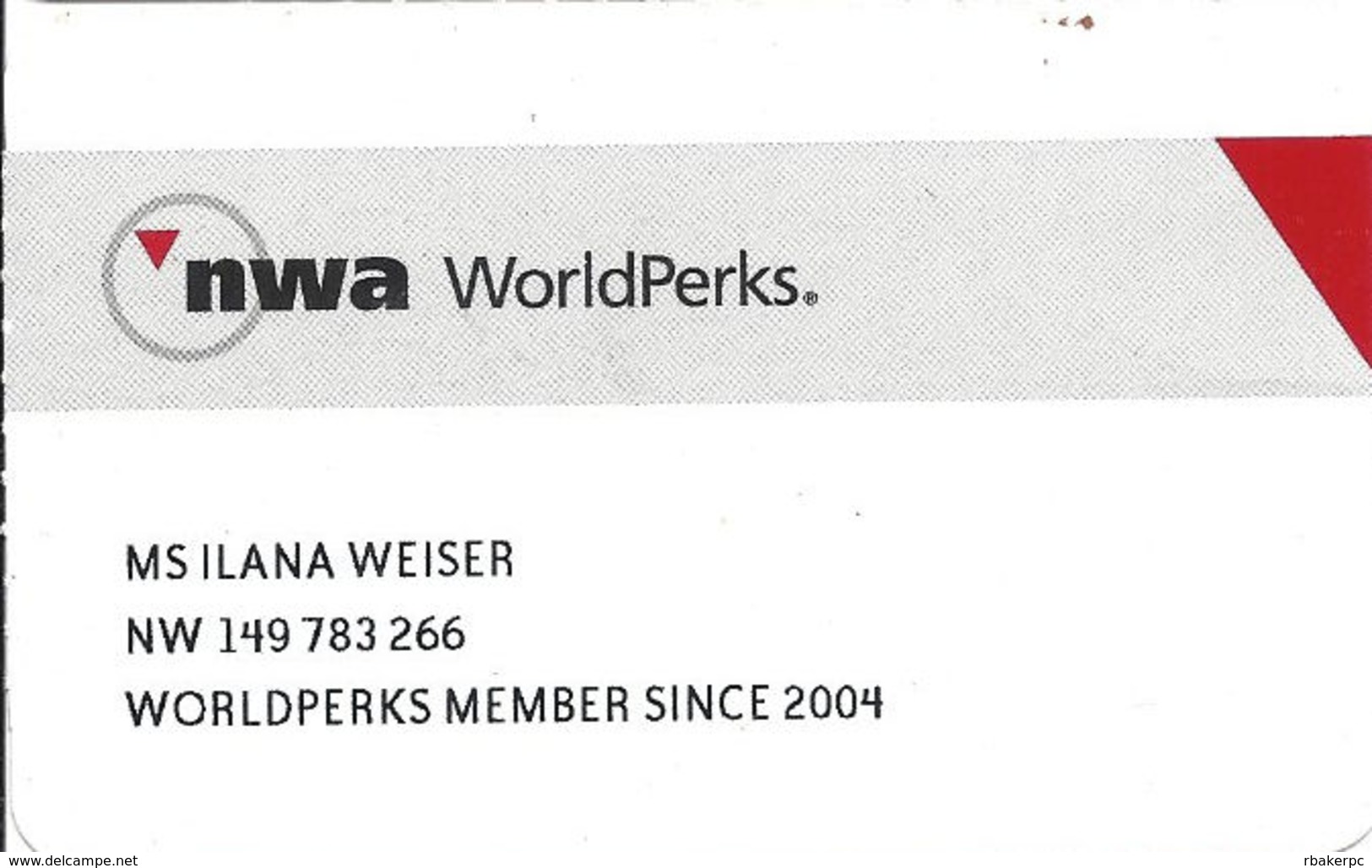 Northwest Airlines NWA WorldPerks Paper Membership Card - Other & Unclassified