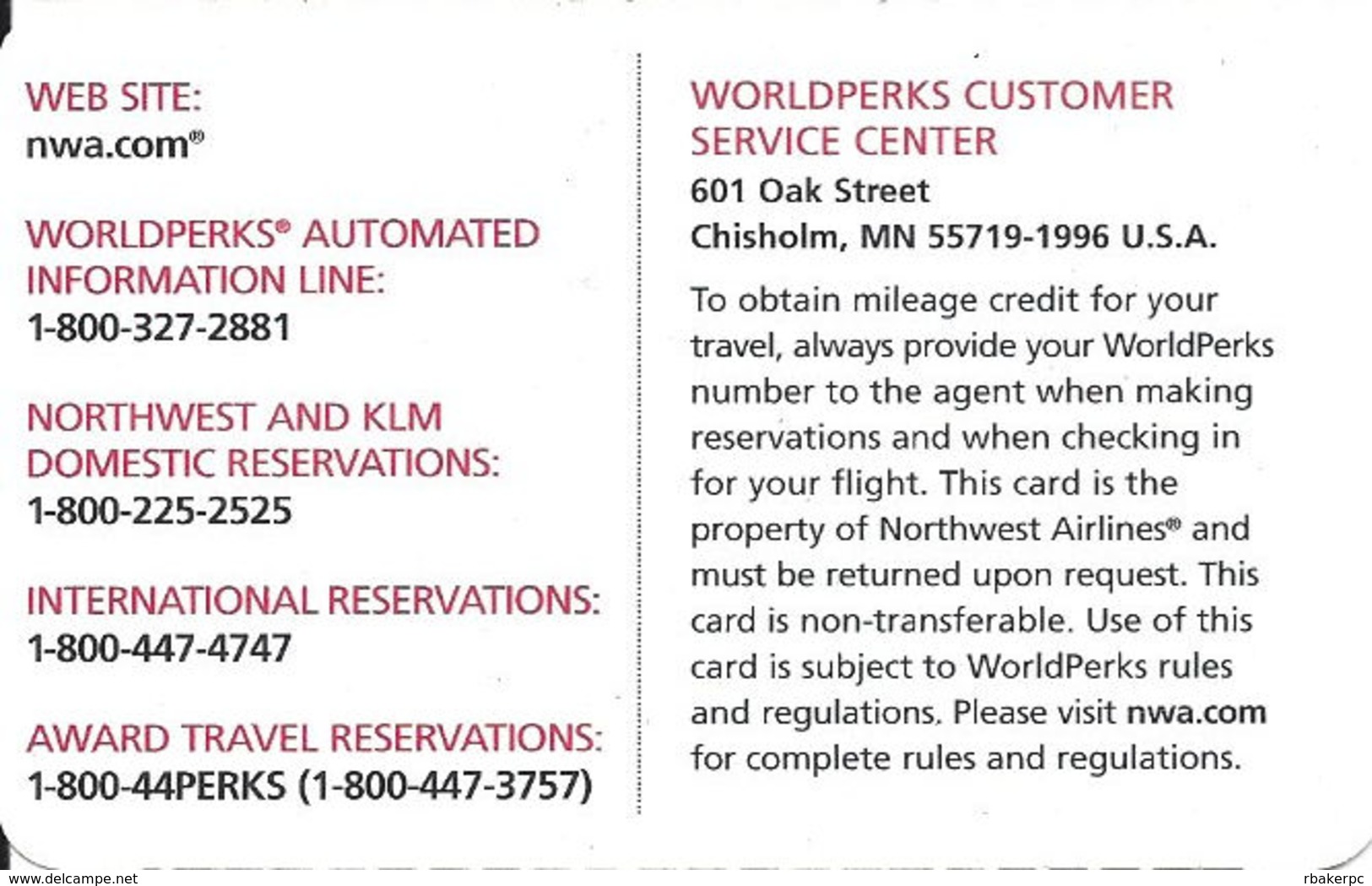 Northwest Airlines NWA WorldPerks Paper Membership Card - Other & Unclassified