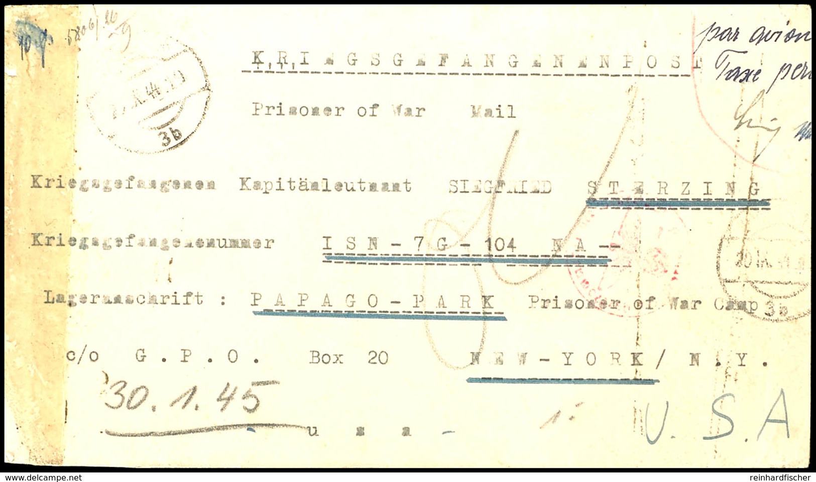 8135 1944, Luftpost-KGF-Brief Aus WIEN 20.IX.44 Mit Hds. Tax Percue-Vermerk An Kapitänleutnant Siegried Sterzing In Das  - Altri & Non Classificati