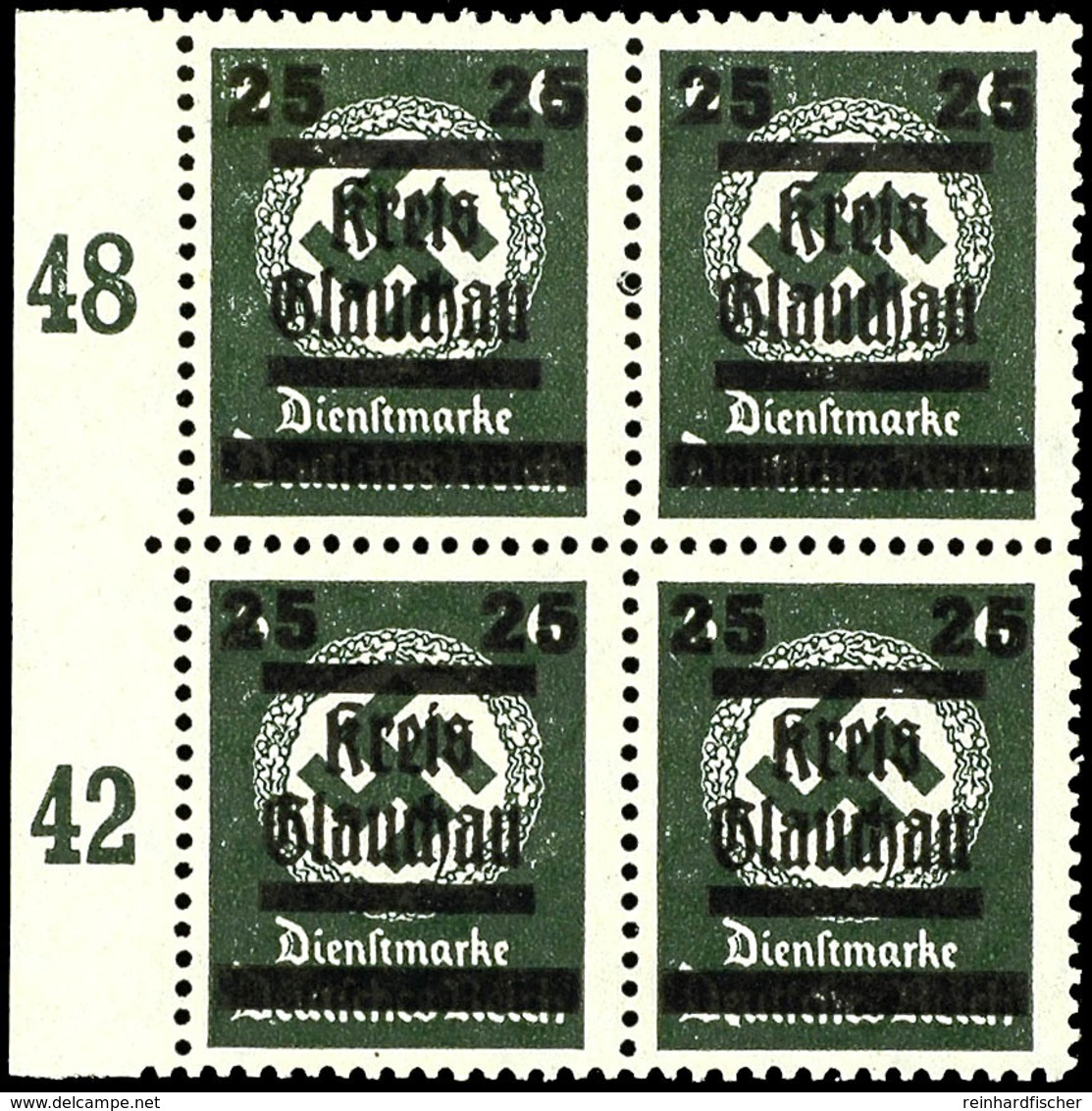 8256 6 Pfg Behörden-Dienstmarke Schwarzgrün Mit Aufdruck Im Postfrischen Kabinett-Viererblock, Dabei Rechte Obere Marke  - Glauchau