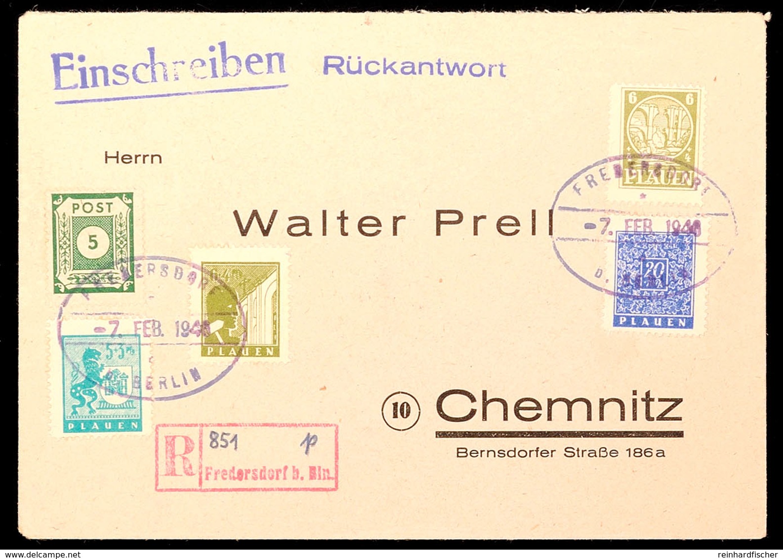 8483 5,6,6 Und 20 Pf. Volkshilfe In MiF Mit 5 Pf. Ostsachesen A. R.-Brief Von Fredersdorf Nach Chemnitz, Klarer Notstemp - Plauen