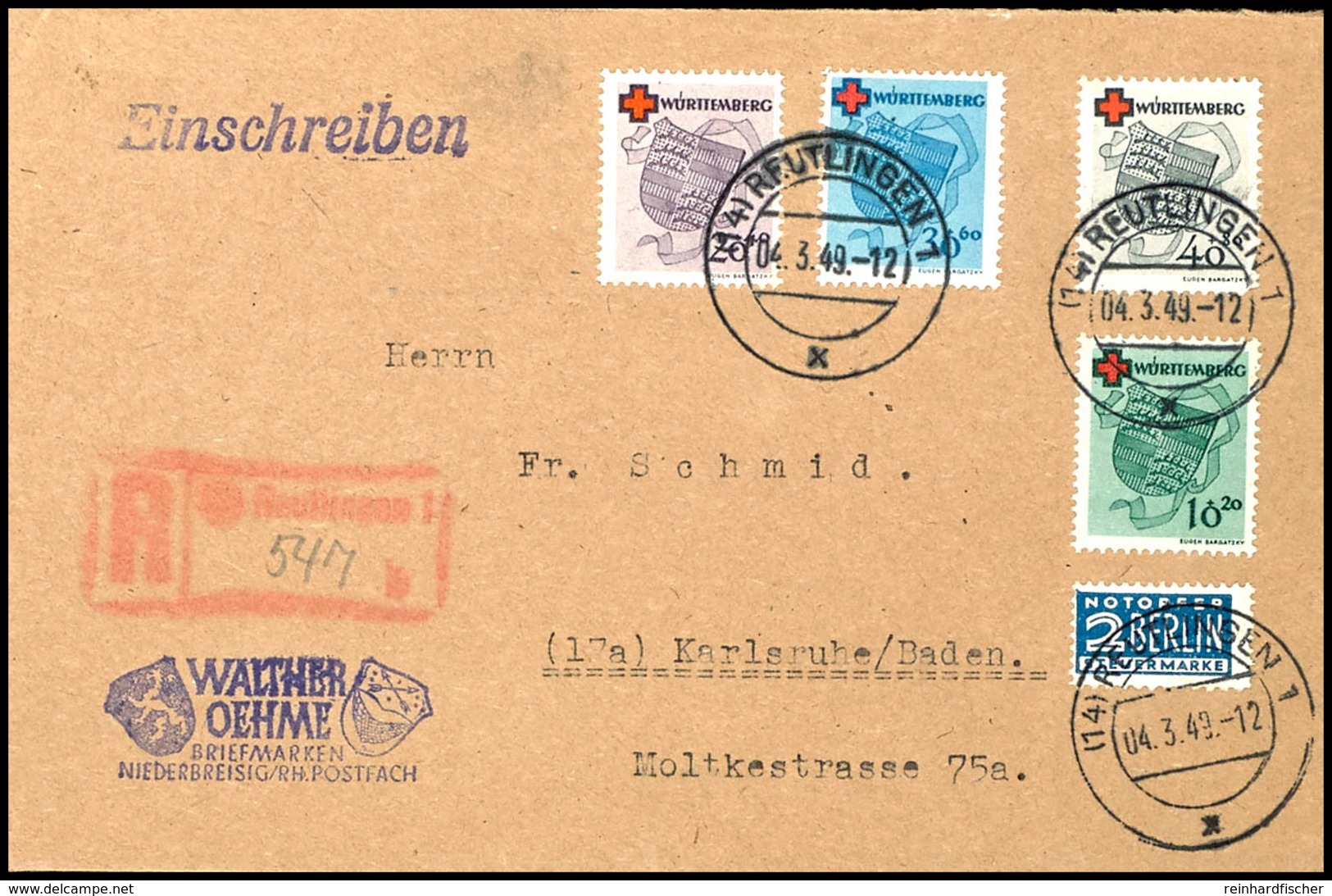 9571 10 + 20 - 40 + 80 Pfg Komplett Auf Eingeschriebenem Satzbrief Von "REUTLINGEN 4.3.49" Nach Karlsruhe Mit Ankunftsst - Altri & Non Classificati