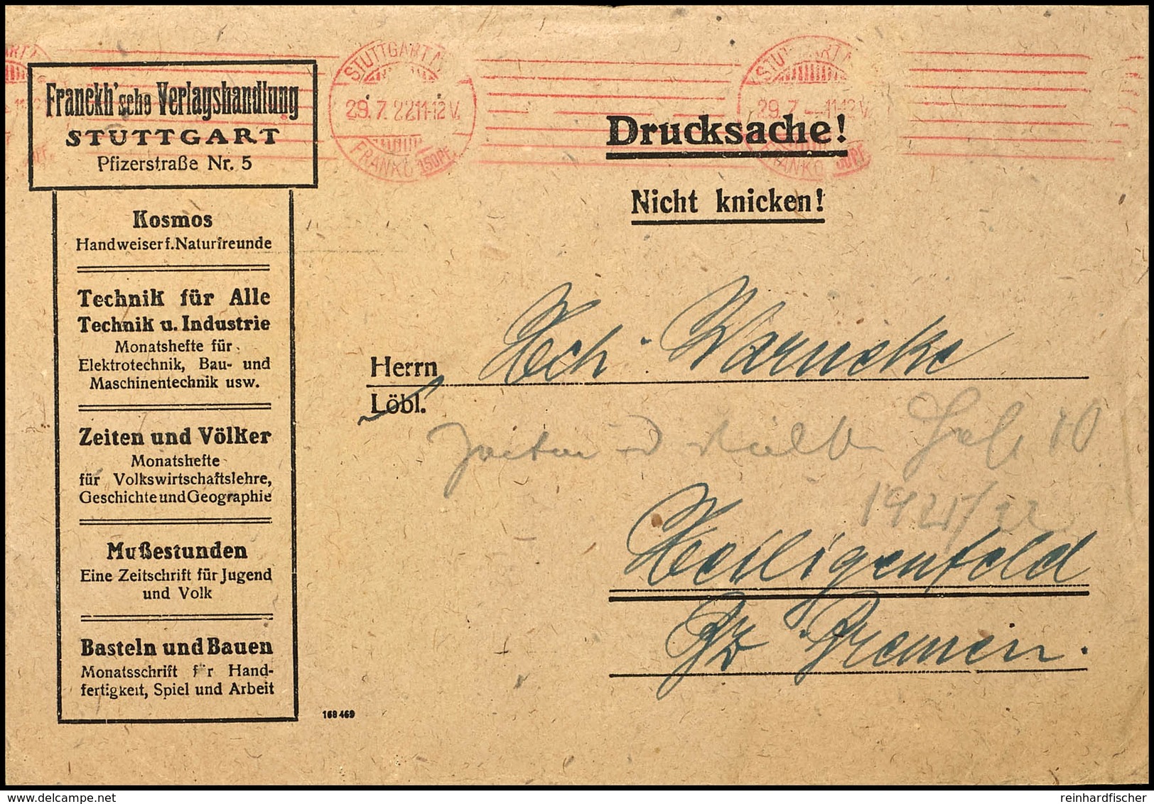 9581 1922, Württembergischen Maschinen-Postfreistempel STUTTGART 29.7.22 FRANCO 150 PF. Klar Auf Drucksachen-Umschlag Bi - Altri & Non Classificati