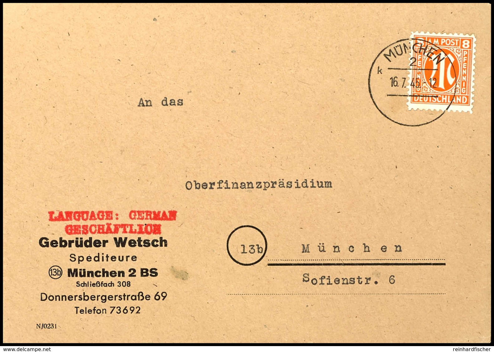 9593 8 Pfg. Amerik. Druck Mit Stempel MÜNCHEN 2 16.7.45 Auf Firmen-Ortsbrief Vom Ersttag Der AM-Postmarken-Verwendung In - Other & Unclassified