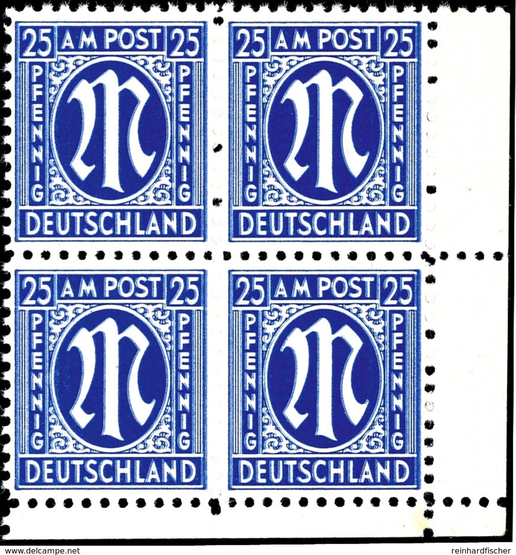 9603 25 Pfg AM-Post, Amerikanischer Druck, Eckrand-4er-Block Mit Doppeldruck, Tadellos Postfrisch, Unsigniert, Fotoattes - Other & Unclassified