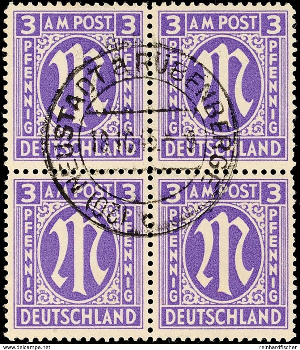 9604 3 Pfg, Gez. A, Papier Y, Gestempelt, 4er-Block, Geprüft Hettler BPP, Mi. 300,-, Katalog: 10Ay O - Other & Unclassified