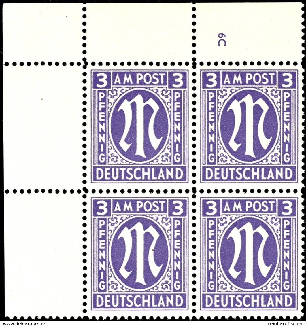 9606 3 Pfg AM-Post, Englischer Druck, Auf Papier Y, Eckrand-4er-Block Mit Platten-Nr. "6C", Tadellos Postfrisch, Unsigni - Other & Unclassified