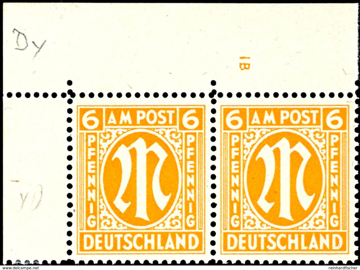 9616 6 Pf. AM-Post Englischer Druck, Orange, Gez. 14½:14¼, Linkes Oberes Eckrandpaar Mit Plattennummer 1B, Postfrisch (R - Altri & Non Classificati