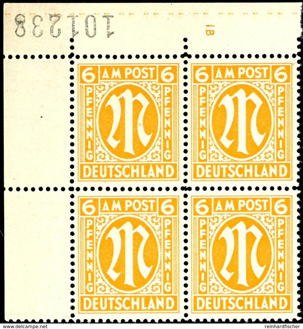 9620 6 Pfg AM-Post, Englischer Druck, Eckrand-4er-Block Mit Platten-Nr. "1B", Tadellos Postfrisch, Unsigniert, Mi. 208,- - Other & Unclassified