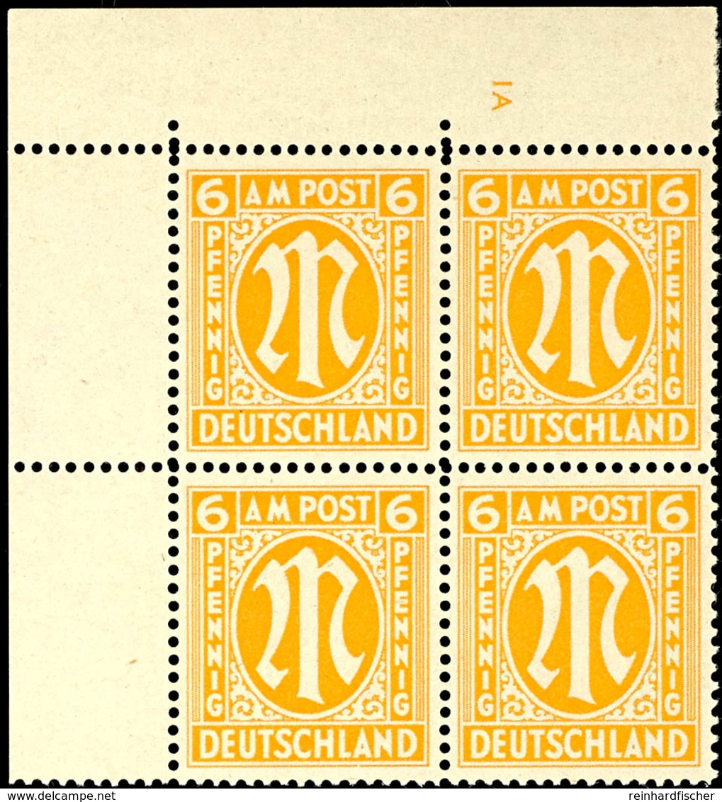 9622 6 Pfg AM-Post, Englischer Druck, Eckrand-4er-Block Mit Platten-Nr. "1A", Tadellos Postfrisch, Tiefst Gepr. Hettler  - Altri & Non Classificati