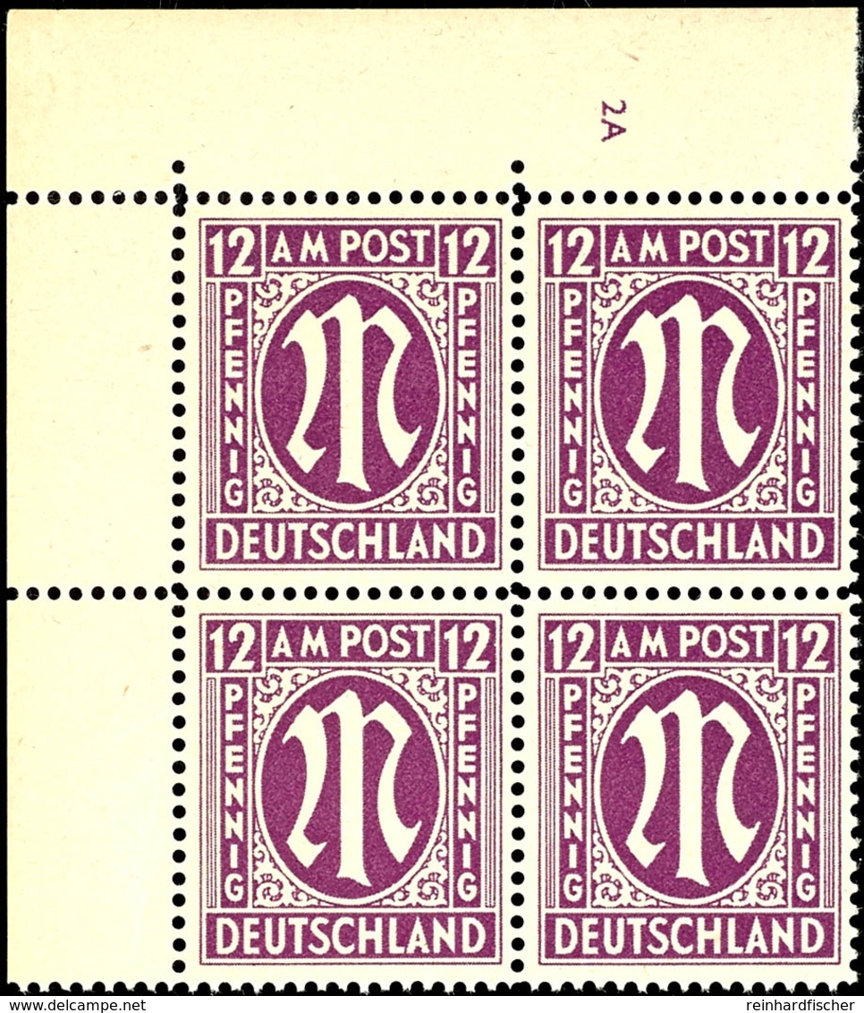 9629 12 Pfg AM-Post, Englischer Druck, Eckrand-4er-Block Mit Platten-Nr. "2A", Tadellos Postfrisch, Unsigniert, Mi. 256, - Other & Unclassified