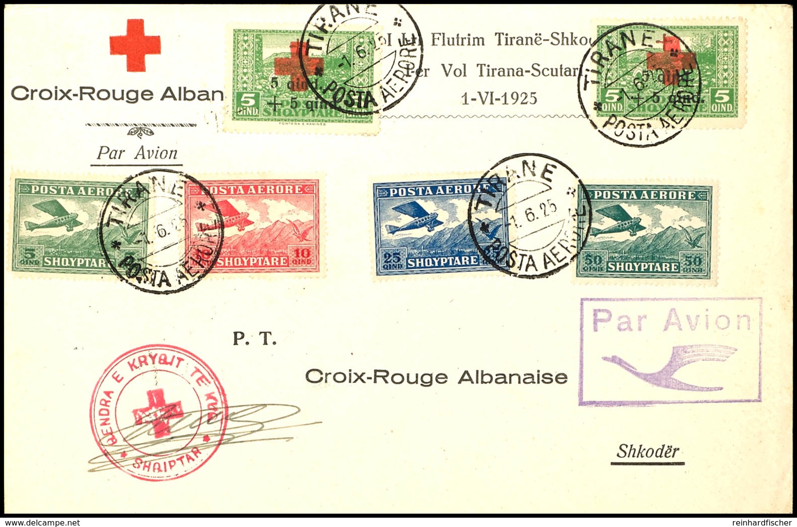 10094 1925, 5 + 5 Q Rotes Kreuz, Zwei Einzelwerte Und Flugpostzufrankatur Auf Rotes Kreuz-Erstflug Tirana - Shkoder Vom  - Albania
