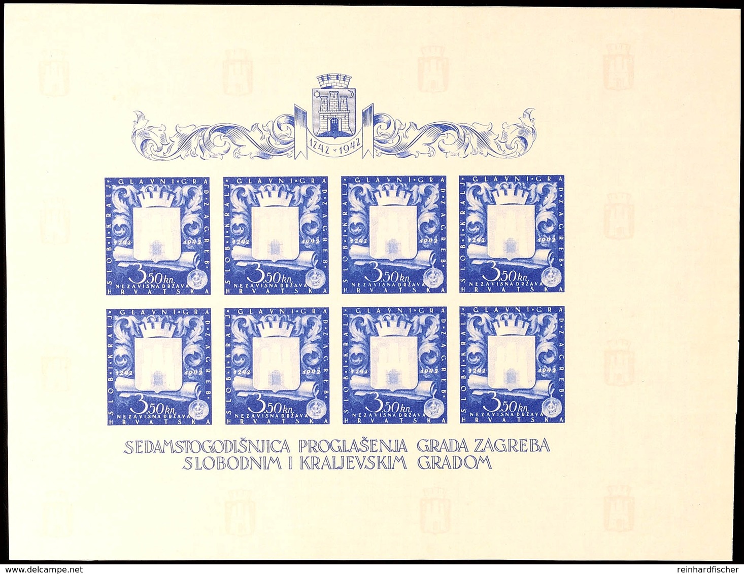 10515 3,50 K. Zagreb, Ungezähnter Kleinbogen Auf Leinenpapier, Probedruck, Ungebr. Ohne Gummierung, Katalog: 97UPr. (*) - Croazia