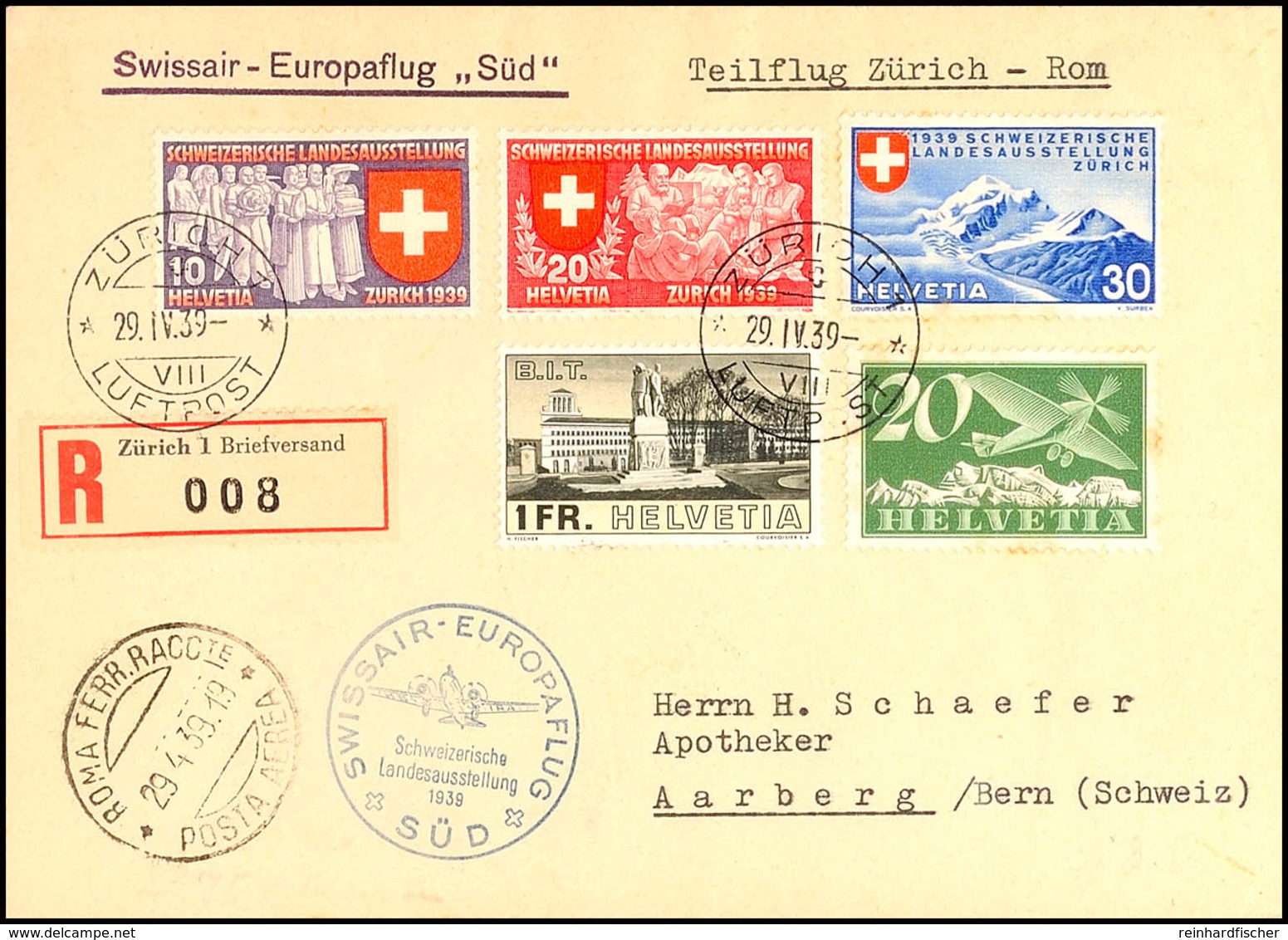 10804 1939, "SWISSAIR EUROPAFLUG SÜD Schweizerische Landesausstellung" Luftpost-R-Brief Mit MiNr. 231 Z, 324 U. 335/337  - Altri & Non Classificati