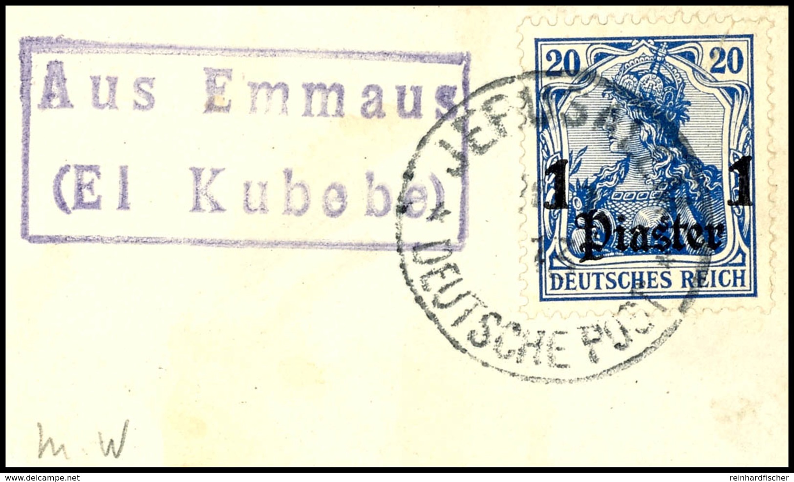 11820 AUS EMMAUS (El Kubebe), Sehr Seltener Nebenstempel Vollständig Und Sauber Abgeschlagen Auf Briefstück Germania 1 P - Turchia (uffici)