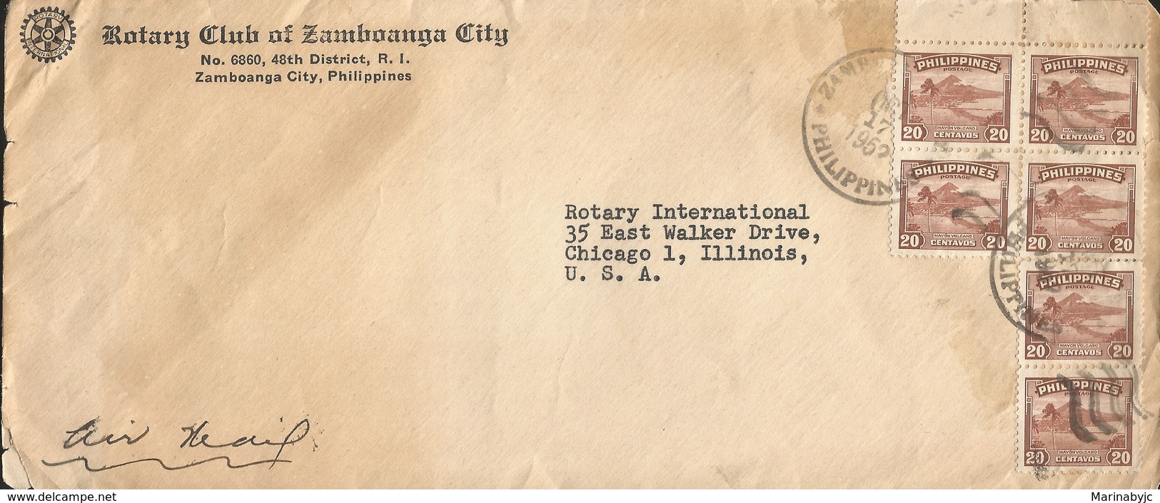 M) 1952, PHILIPPINES, SIX STAMPS OF THE MAYON VOLCÁN, ROTARY CLUB OF ZAMBOANGA CITY, CIRCULATED COVER FROM PHILIPPINES T - Philippines