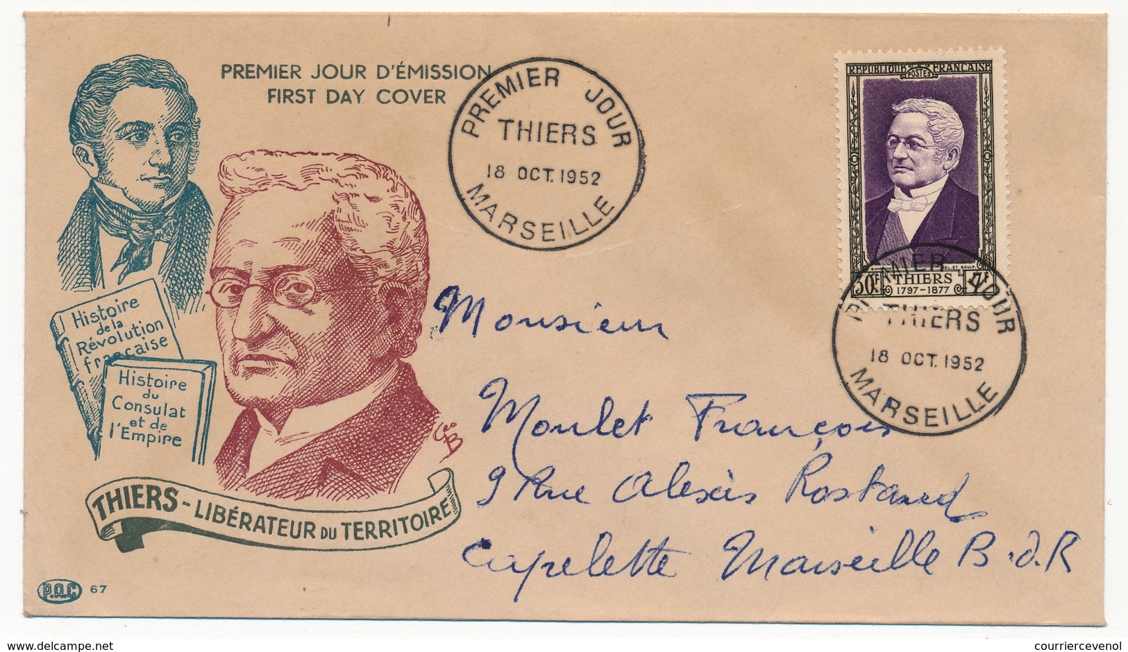 FRANCE - Enveloppe FDC - Adolphe THIERS - Premier Jour - MARSEILLE - 1952 - 1950-1959