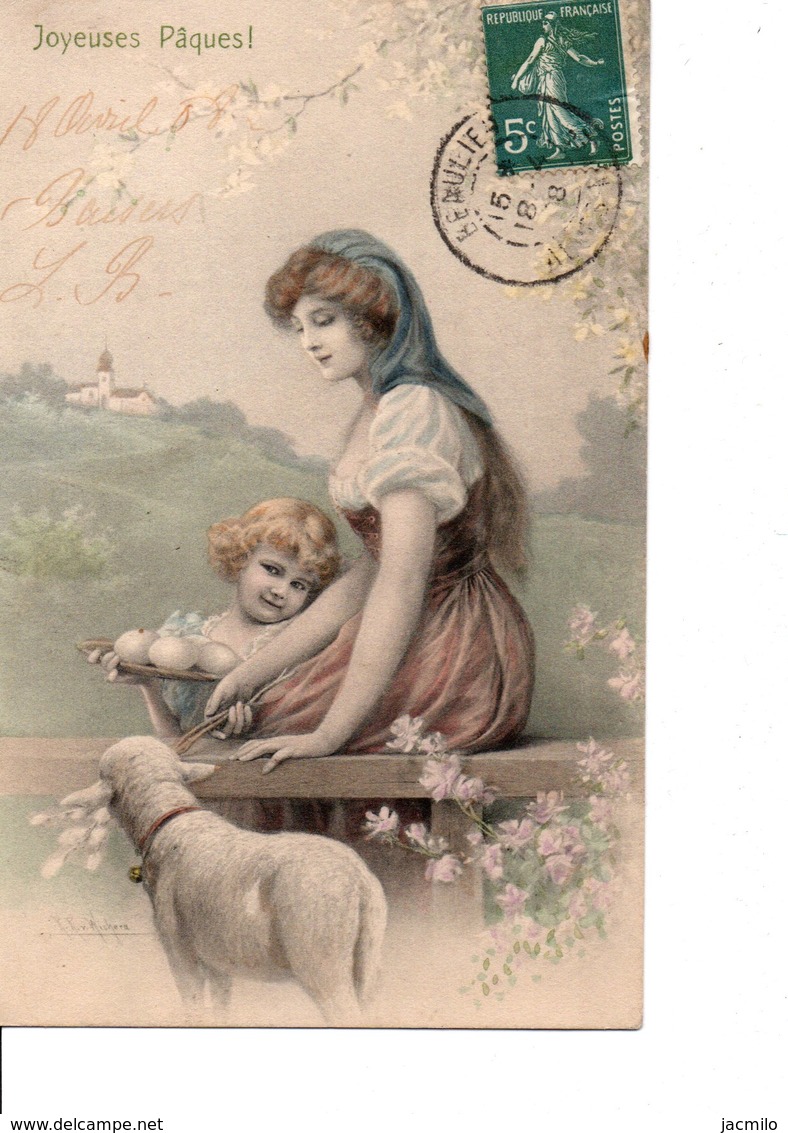 Illustrateur  WICHERA.  "Joyeuses Pâques !"  Scène Femme, Enfant, Oeufs, Mouton.  M.M. Vienne Nr300. - Wichera