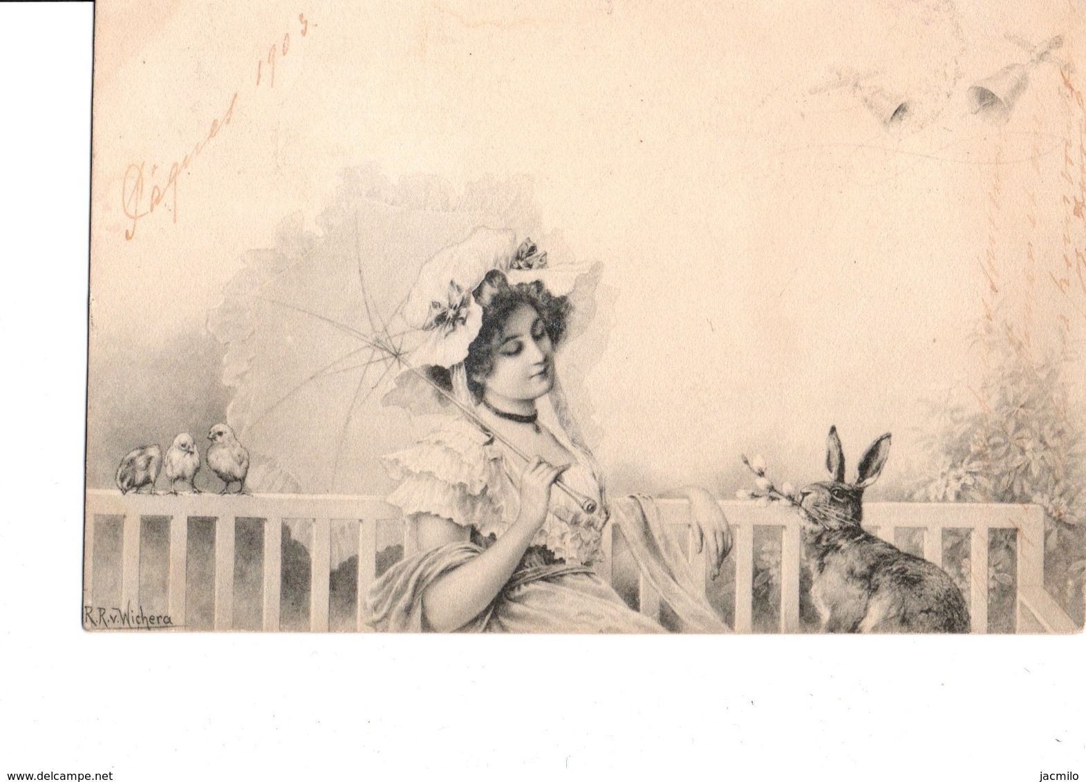Illustrateur  WICHERA.  "Pâques 1903." Jeune Femme, Ombrelle, Lapin.poussins.   M.M. Vienne. - Wichera