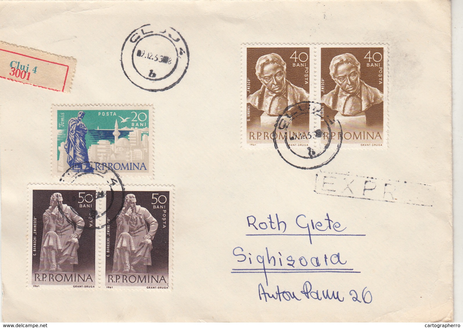 D1349 Letter Cover Romania Correspondence Registered Cluj - Sighisoara Topic Stamps Composer Enescu - Cartes-maximum (CM)