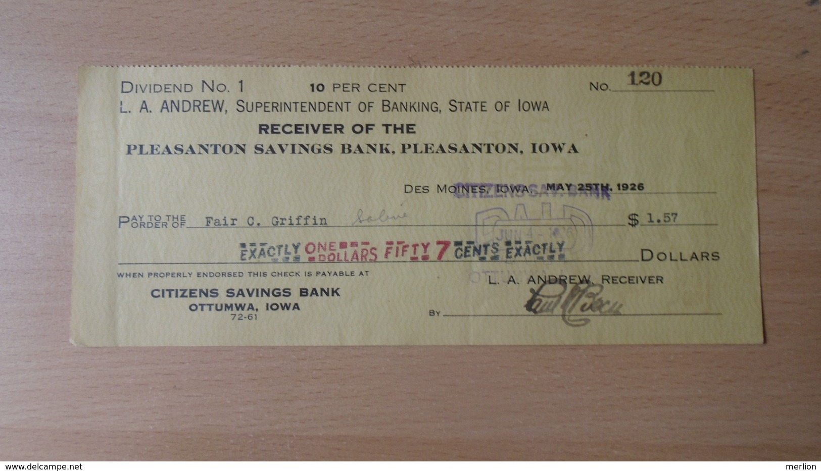 P1009.9  CHECK - US -- OTTUMWA  -IOWA - Citizens Savings Bank  1926 - Stati Uniti