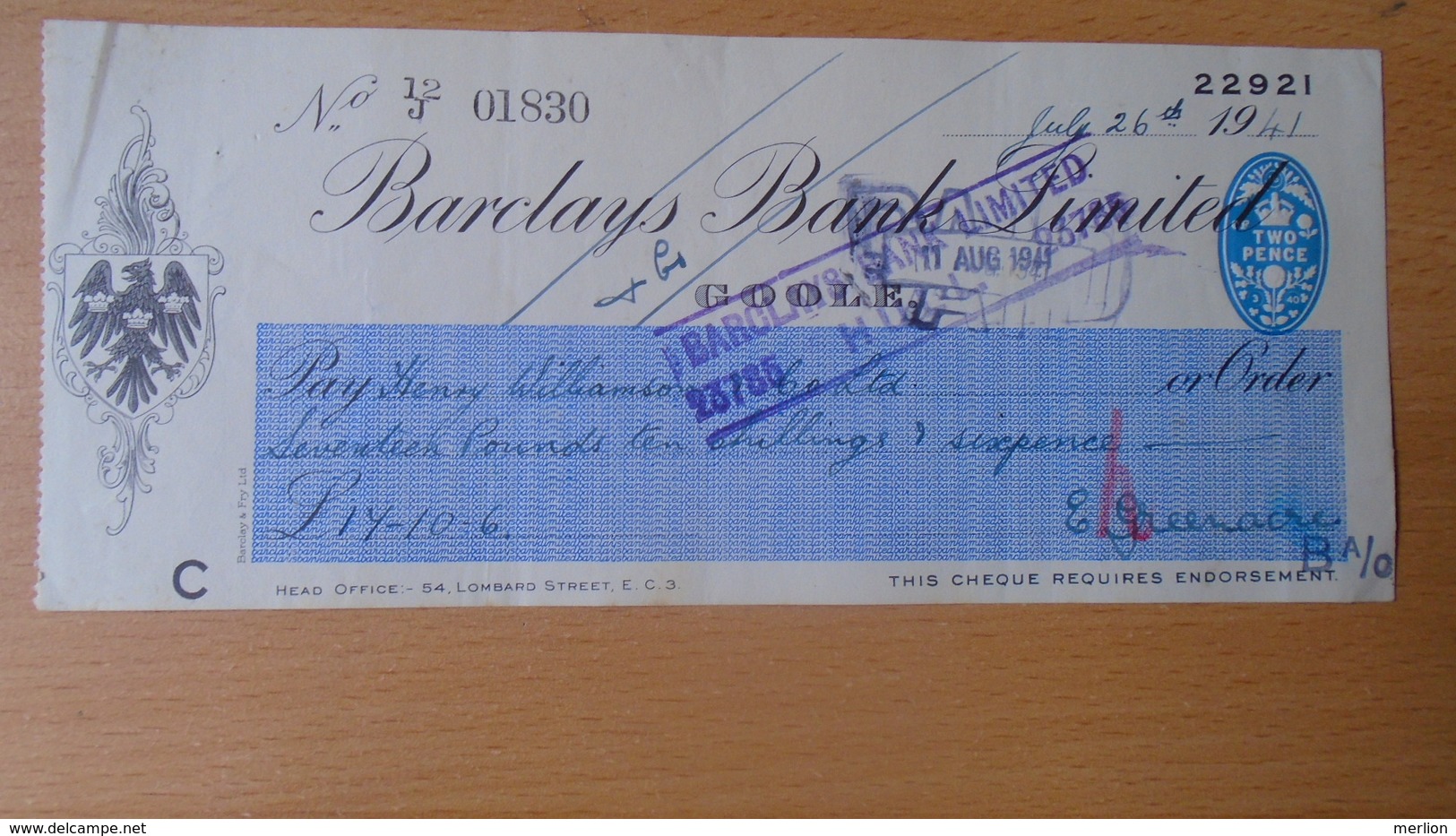 P1009.10  CHECK - Barclays Bank Limited --  1941   2 Pence Embossed Vignette - Verenigd-Koninkrijk