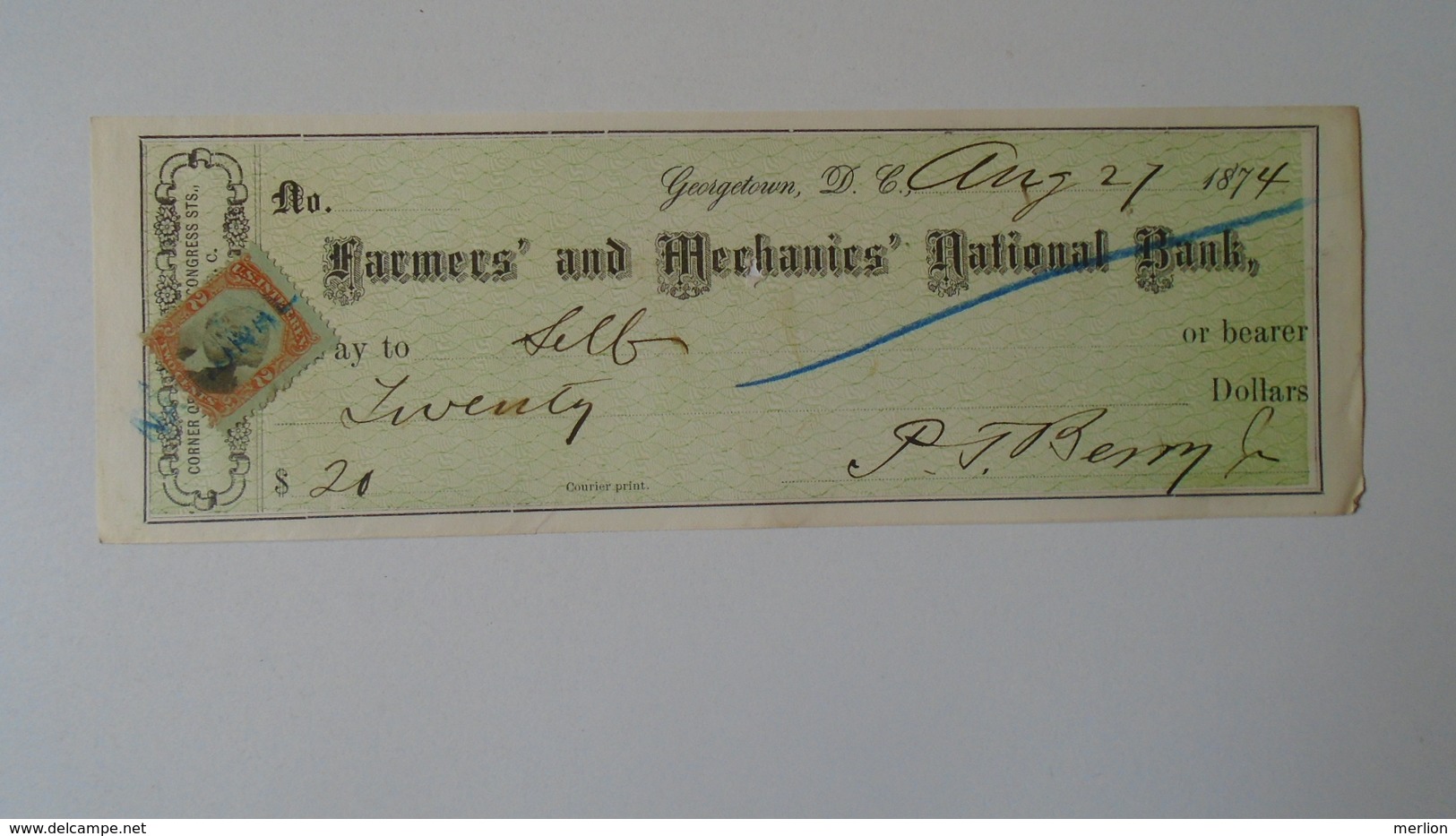 P1009.12  CHECK - Farmer's And Mechanics' National Bank -$20 - 1874  Georgetown (Washington D.C.) - Stati Uniti