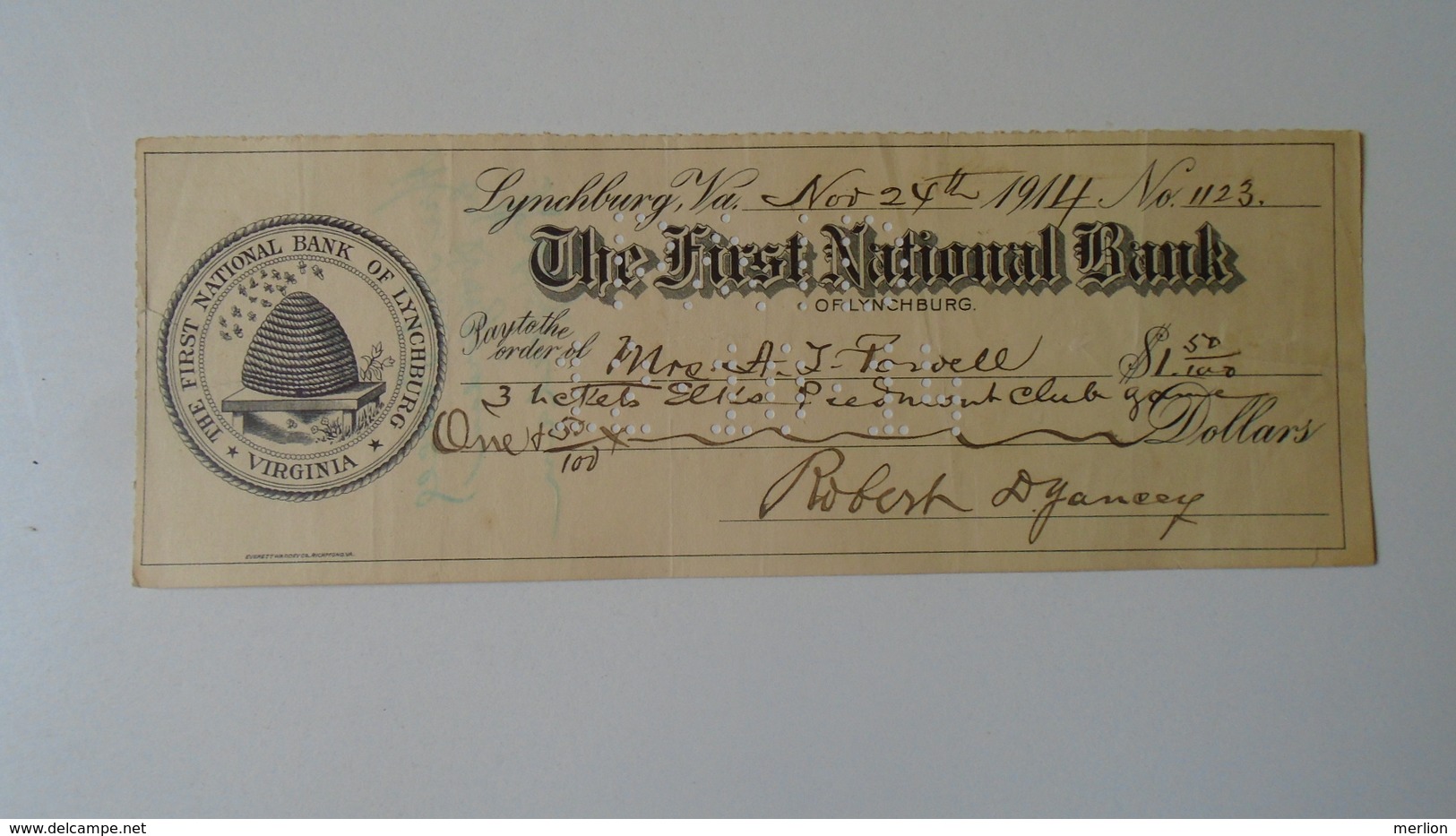 P1009.13  CHECK - The First National Bank  Of LYNCHBURG  -Virginia - $1.50 - 1914 - USA