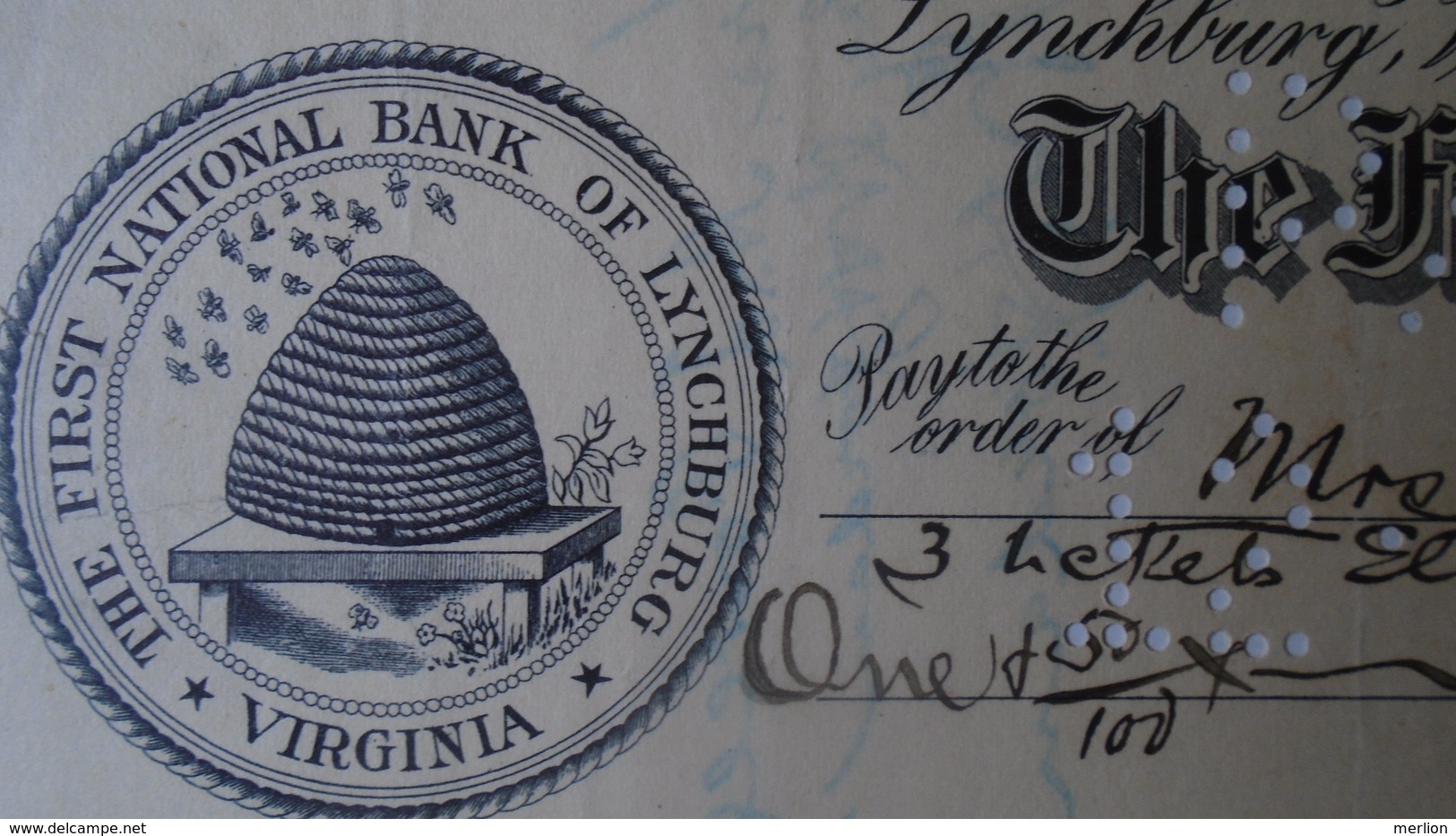 P1009.13  CHECK - The First National Bank  Of LYNCHBURG  -Virginia - $1.50 - 1914 - Stati Uniti