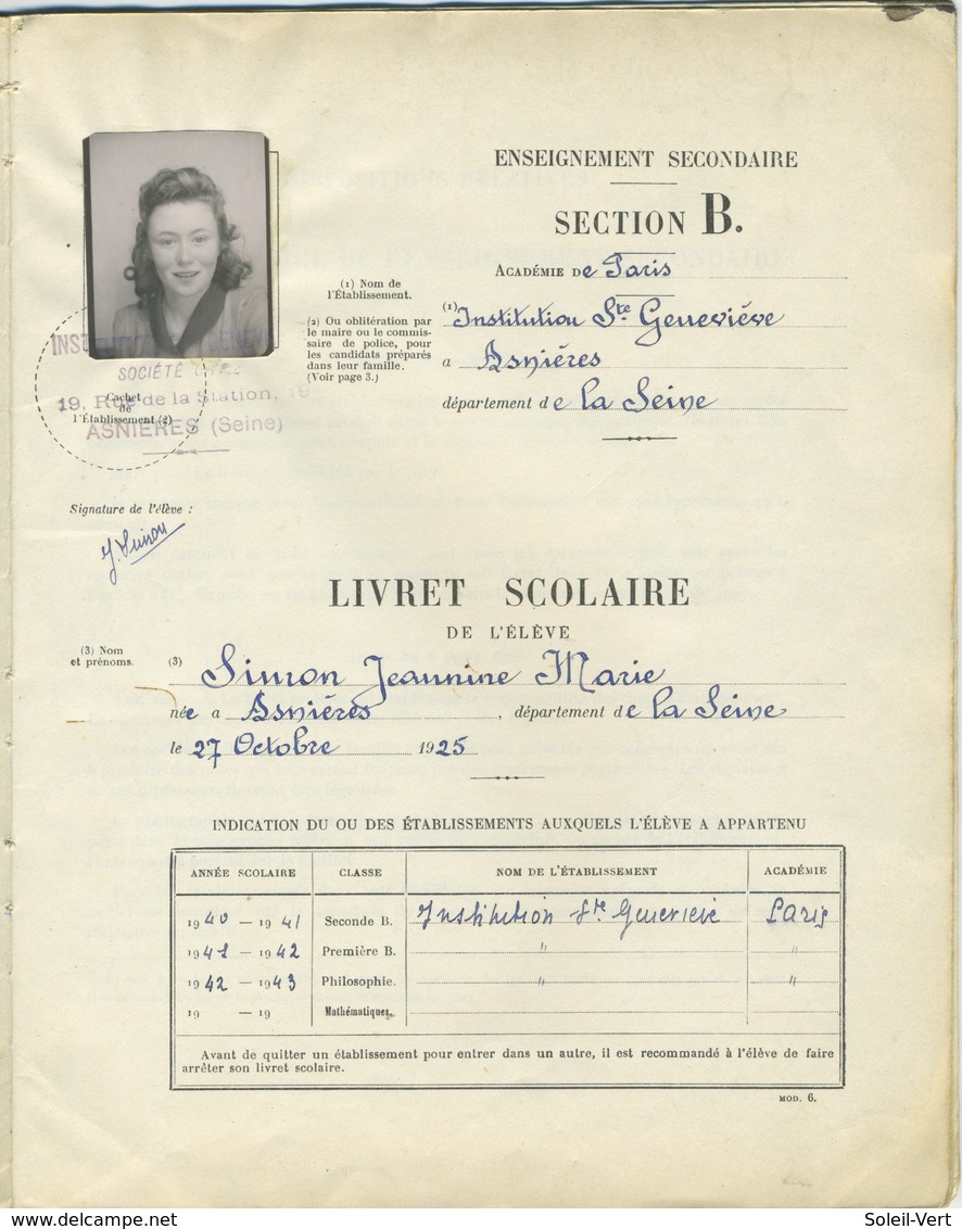 Livret Scolaire Enseignement Supérieur Section B 1940-1943 Avec Timbres - Diploma's En Schoolrapporten