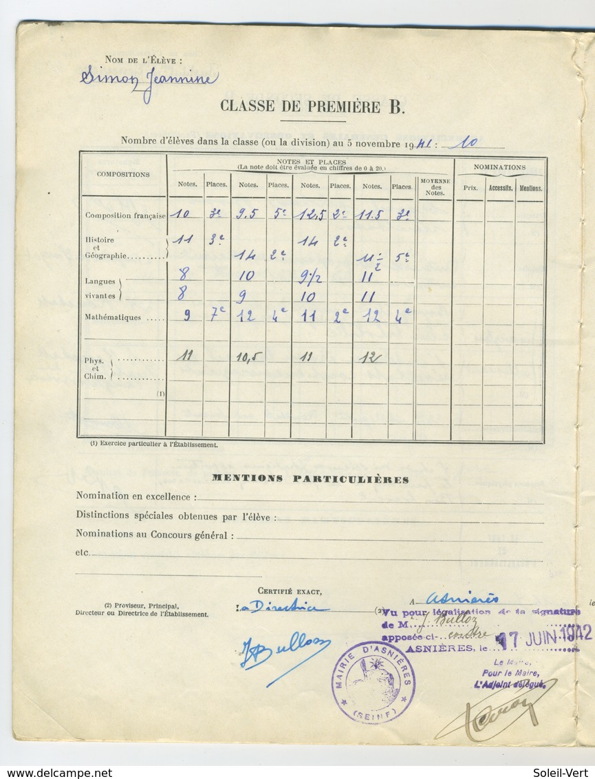 Livret Scolaire Enseignement Supérieur Section B 1940-1943 Avec Timbres - Diploma's En Schoolrapporten