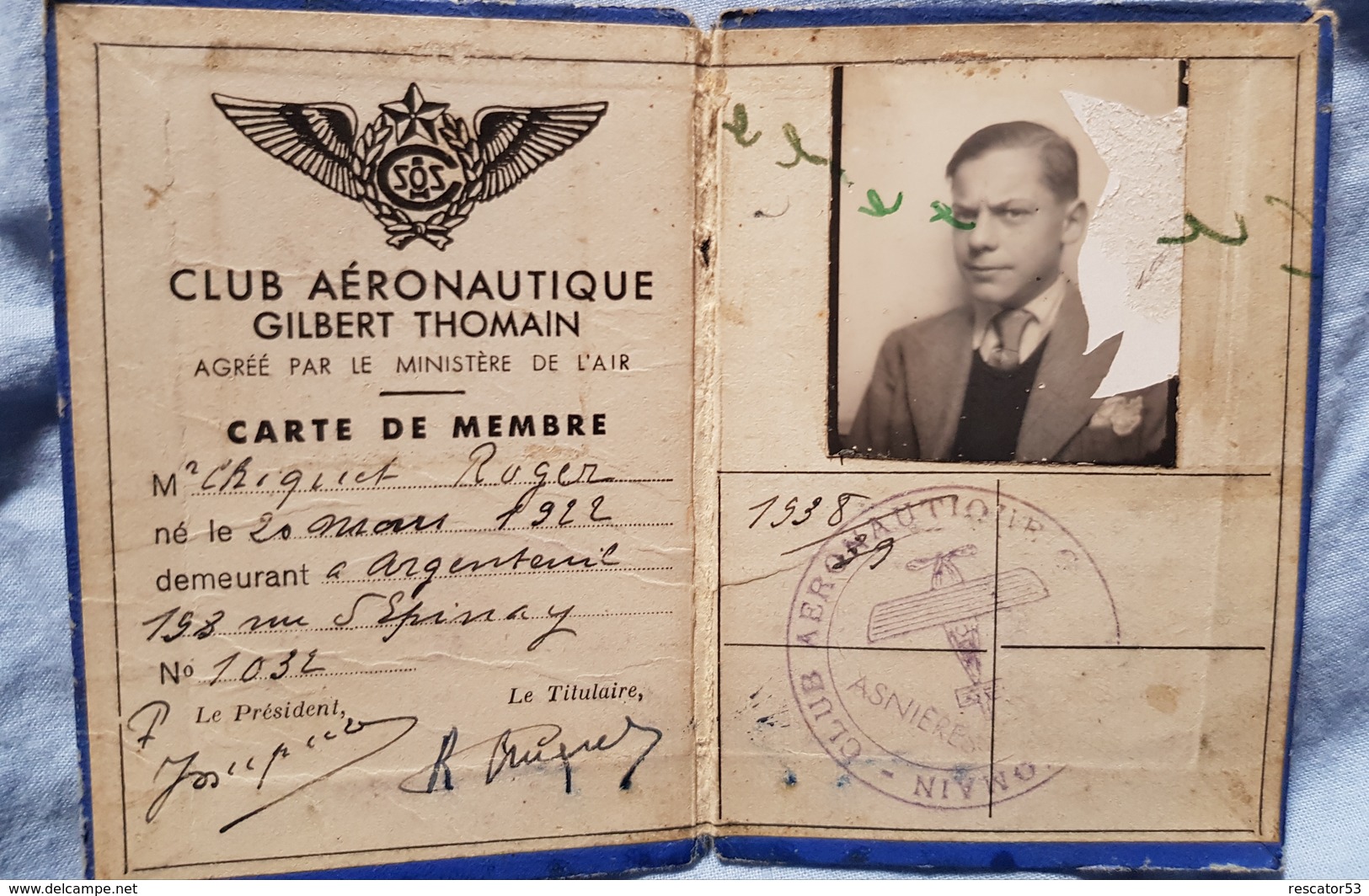 Rare Carte Club Aéronautique Gilbert Thomain 1938 - Aviation